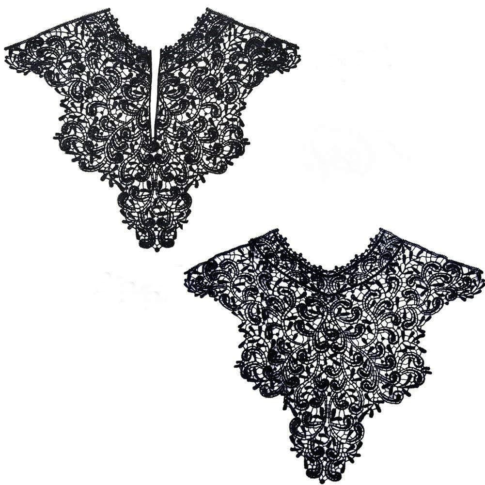 FEEPOP 1 Sets (Front/Back) Pink/Red/Black/White Lace Neckline Collar Beautiful Flower Lace Applique Trim, Lace Fabric DIY Sewing Supplies(2Slices) (Black)