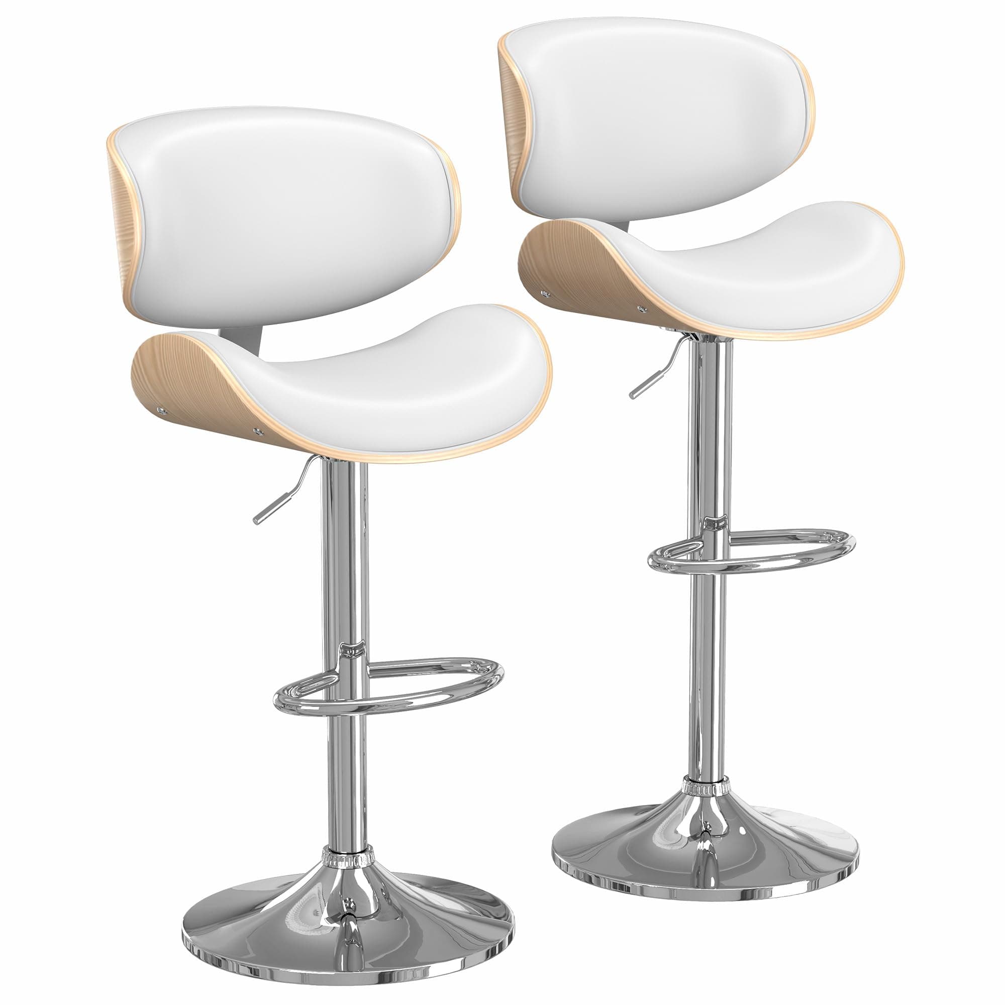 Bar Stools Set of 2, Bar Stools for Kitchen Island with Bentwood Back and Leather Seat, Swivel Bar Stools for Kitchen Counter, Bar, Snow White