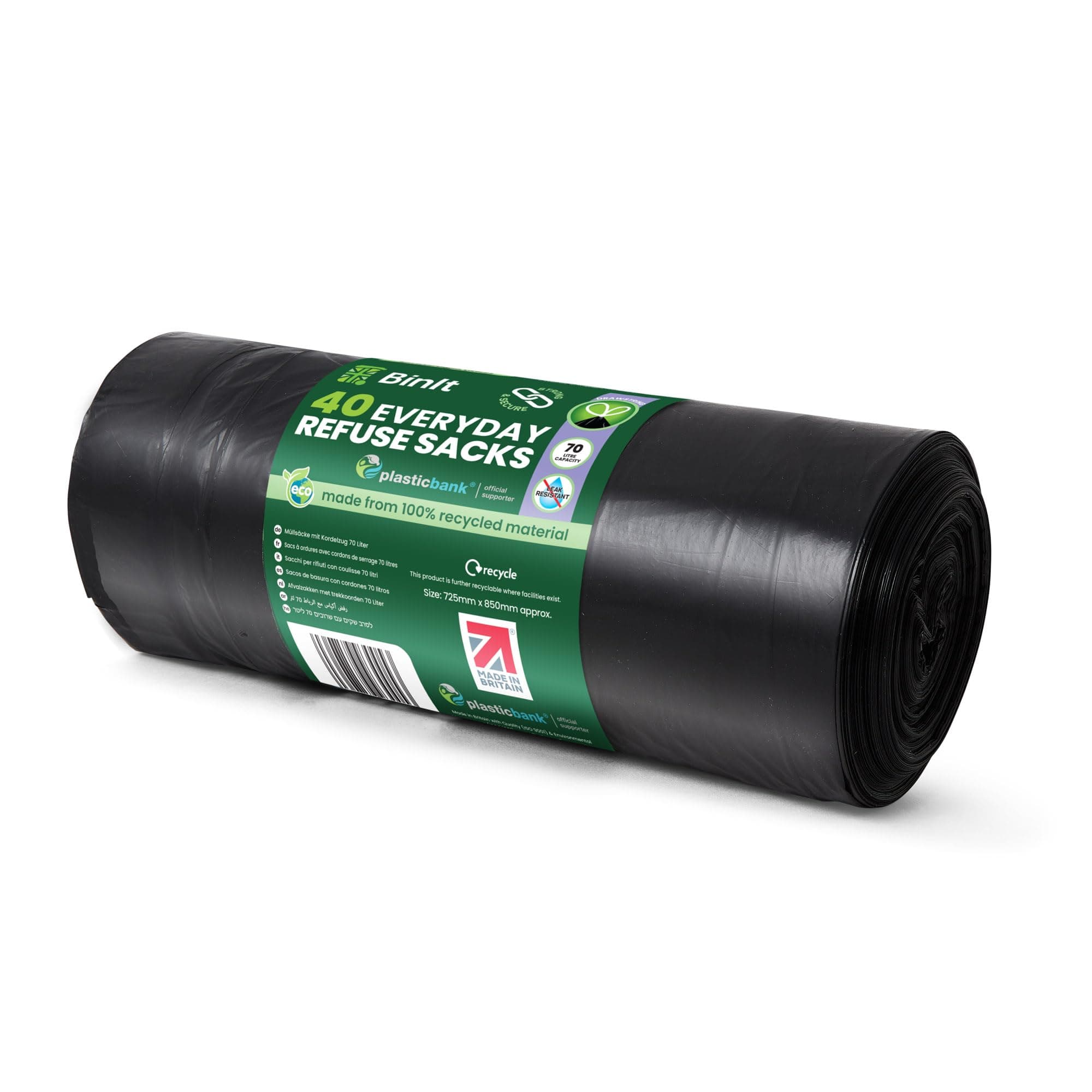 40 Drawstring, Everyday Refuse Sacks, Bin Bags, Bin Liners, 70 Litre, Recycled, Strong, Tear Resistant, 30 μm, Perfect for Everyday Use, Household, Office, Kitchen & Caterers