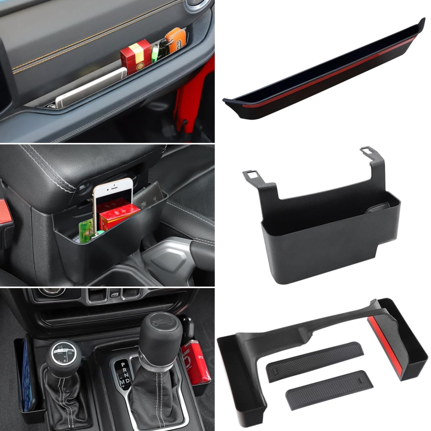 3-Pack Passenger GrabTray + Shifter Side Tray + Armrest Storage Box for 2024 2025 Jeep Wrangler JL JLU Sports Gladiator JT Black Interior Organizer Accessories