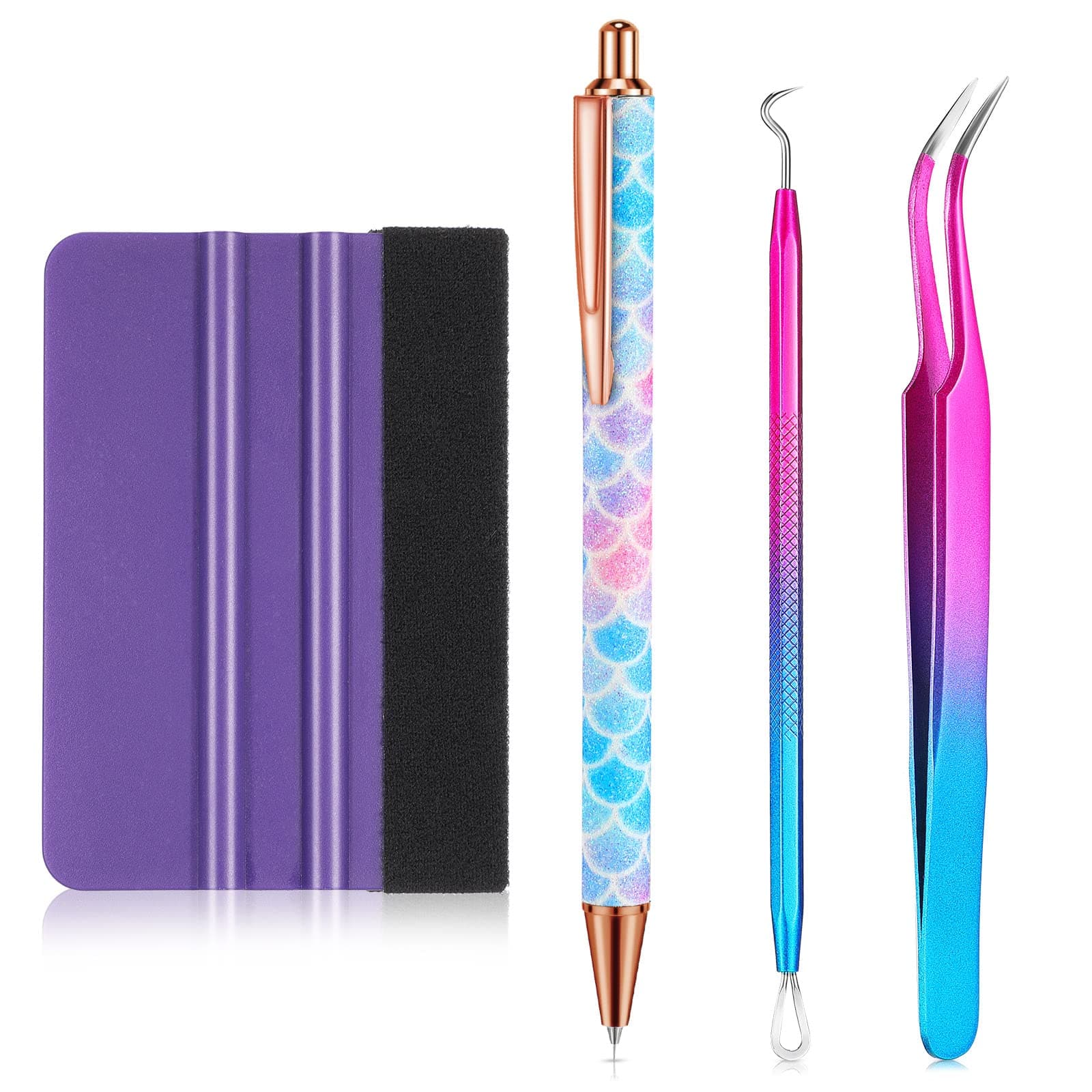 4 Pcs Pin Pen Weeding Tool, Craft Vinyl Weeding Tool Kit, Includes Air Release Pen, Vinyl Squeegee Vinyl Tweezers Weeders Adhesive Film HTV Vinyl for Lettering, Cutting, Splicing (Blue Purple)