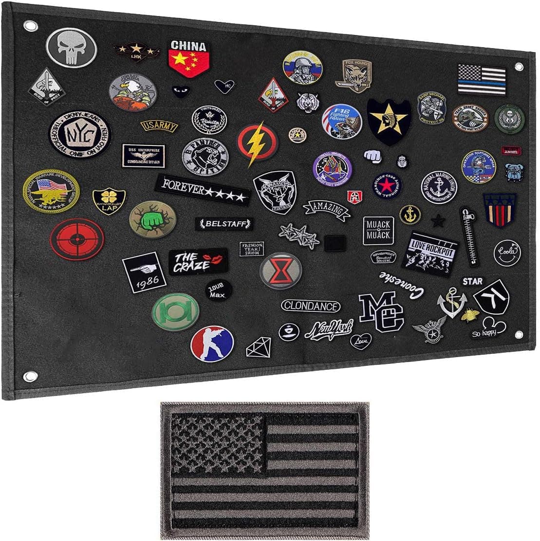 IronSeals Tactical Board Patch Organizer Holder Display with Loop Surface, Steel Ring and Flag Patch (S: 60 x 45 cm/ 23.6" x 17.7", Black + Flag Patch)
