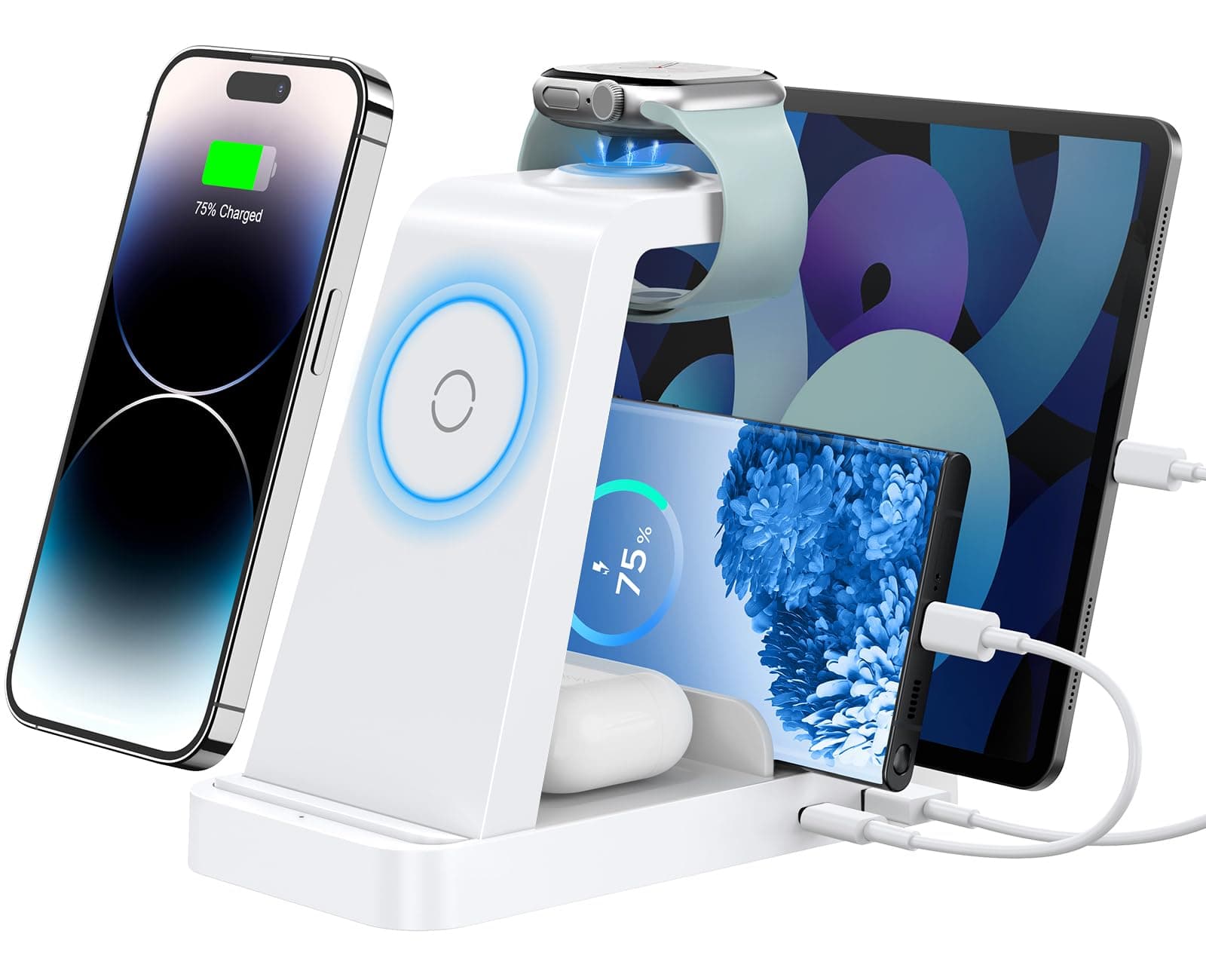 Wireless Charger for iPhone - 5 in 1 Charging Station for Multiple Devices Apple: Fast Wireless Charging Stand Dock for iPhone 17 16e 16 15 14 13 12 Pro Max Apple Watch Airpods(White)