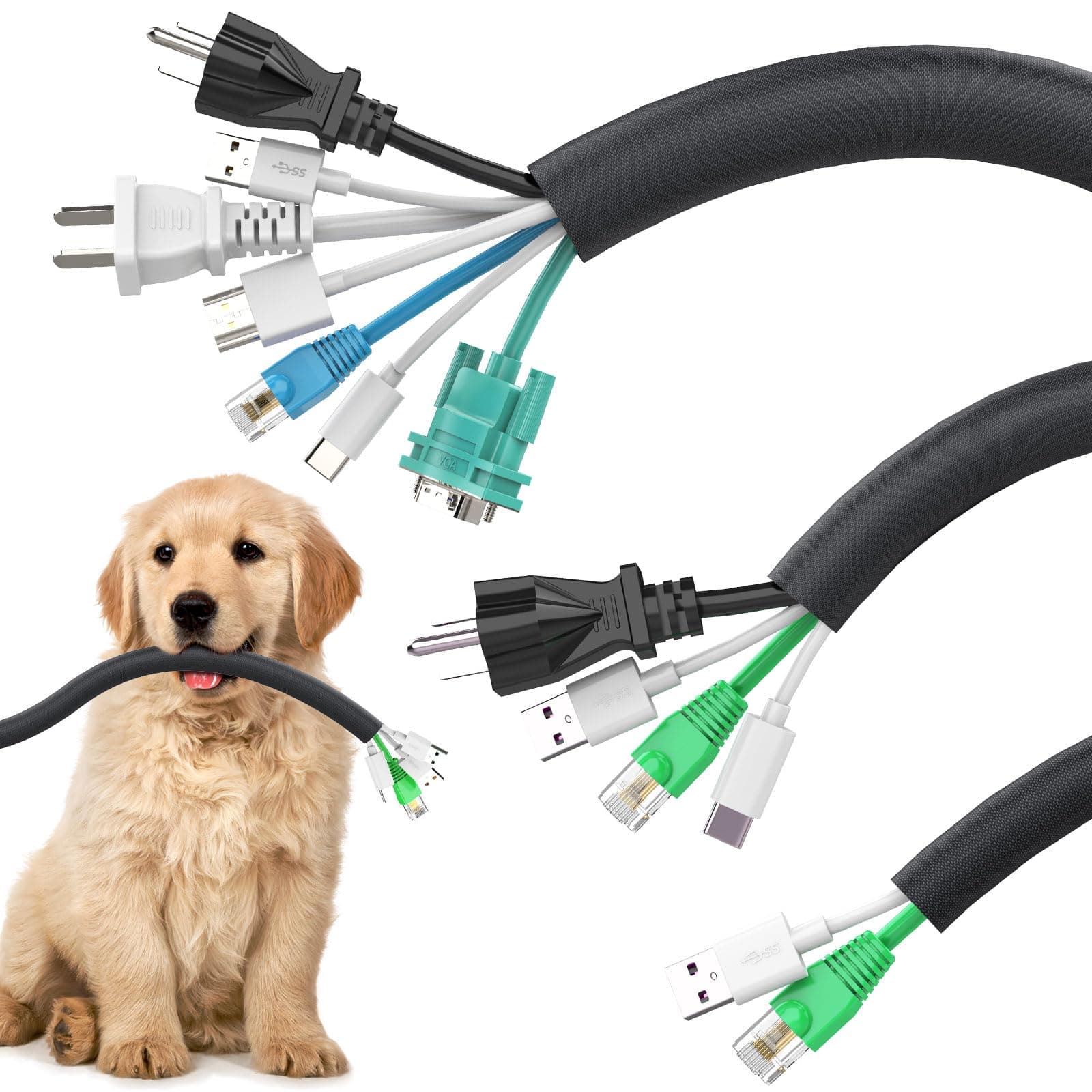 Dog and Cat Cord Protector 6.6ft - 3 Pack, Flexible Cable Sleeve for Easy Cord Management, Protects Cables from Pets Chewing, Ideal for USB, Power, Audio and Video Cords - Black