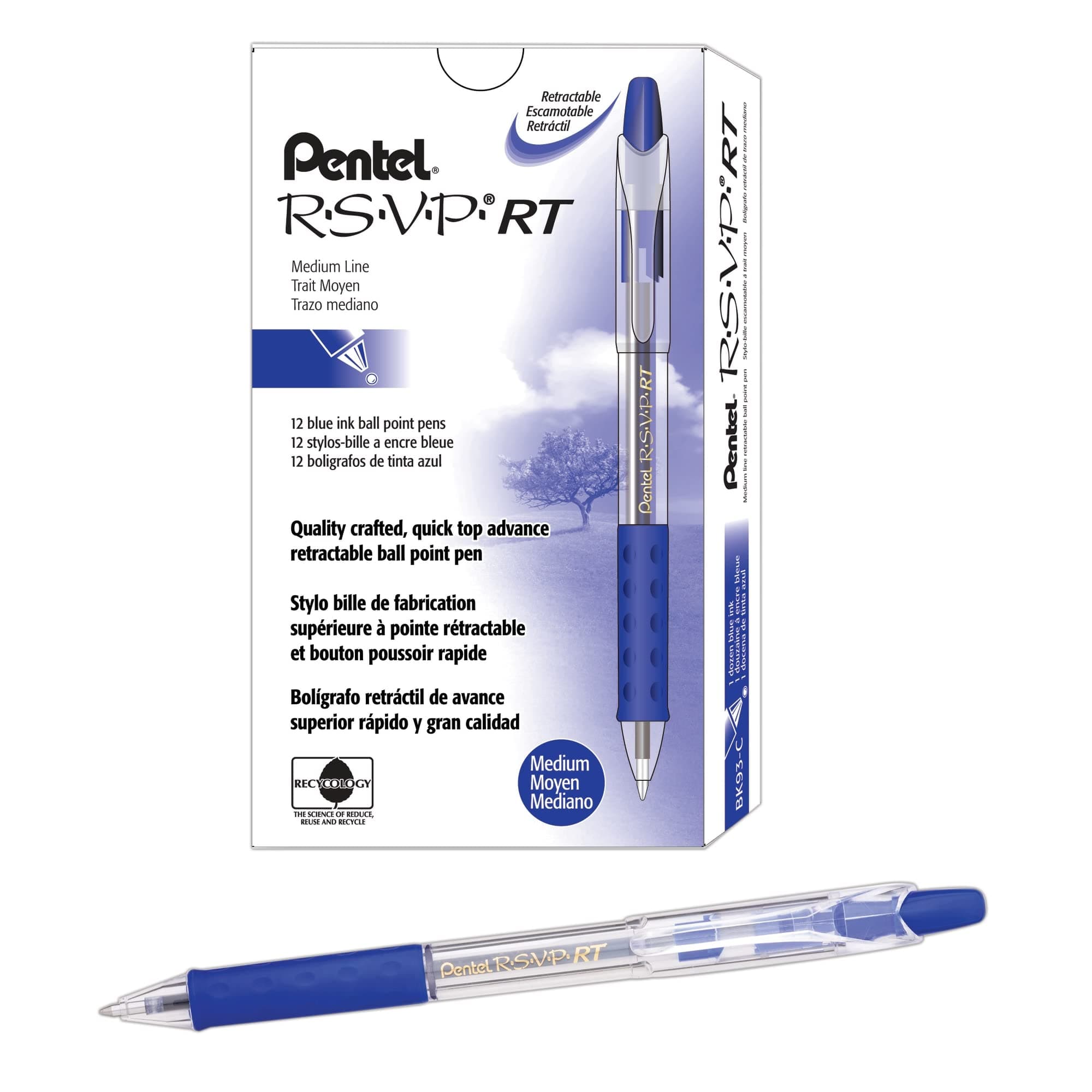 R.S.V.P. RT Retractable Ballpoint Pen, 1.0mm Tip, Blue Ink, Box of 12 (BK93-C)