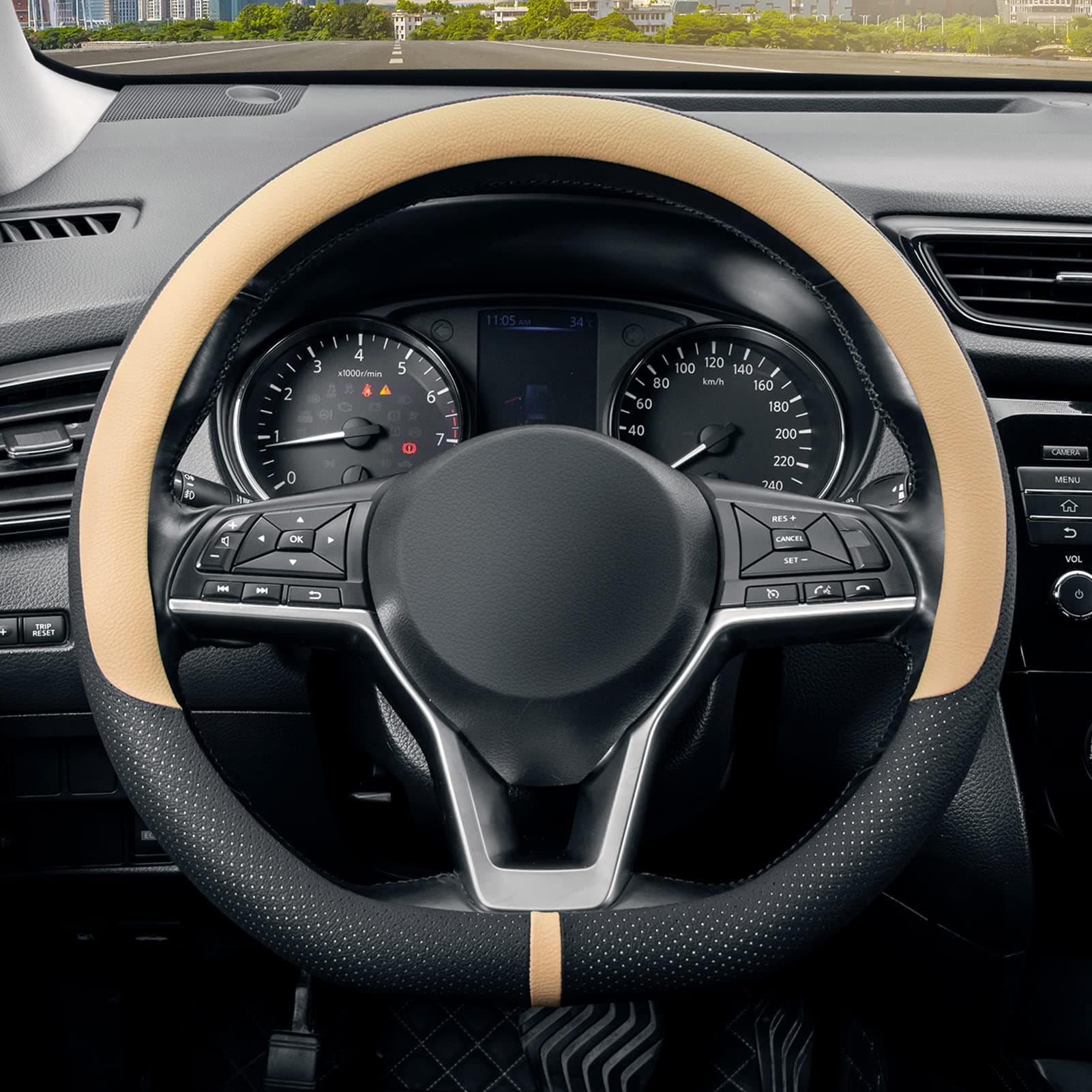 SEG Direct Flat Bottom Steering Wheel Cover Breathable, D Shaped Car Wheel Cover 14 1/2-15 in. (37-39 cm), Black Beige Microfiber Leather