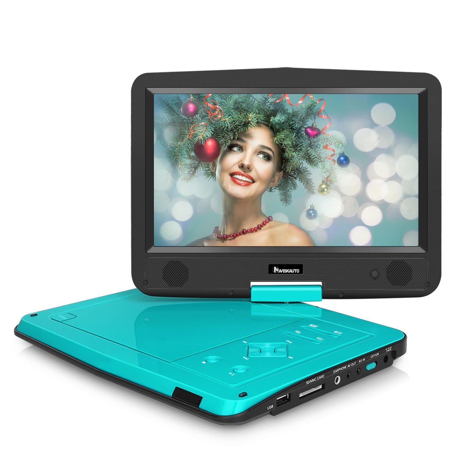 NAVISKAUTO 10.1 Inch LED Portable CD DVD Player ,5 Hours Rechargeable Battery USB/SD AV Out Headrest Monitor ,with Car Mount Case (Teal)
