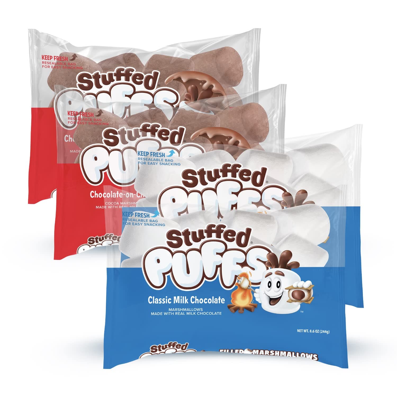 Stuffed Puffs - Variety 4 Pack, Marshmallows Made with Real Chocolate, Perfect for Hot Cocoa and Snacking, 2 bags of Original and 2 bags of Chocolate-on-Chocolate (8.6 oz each) …