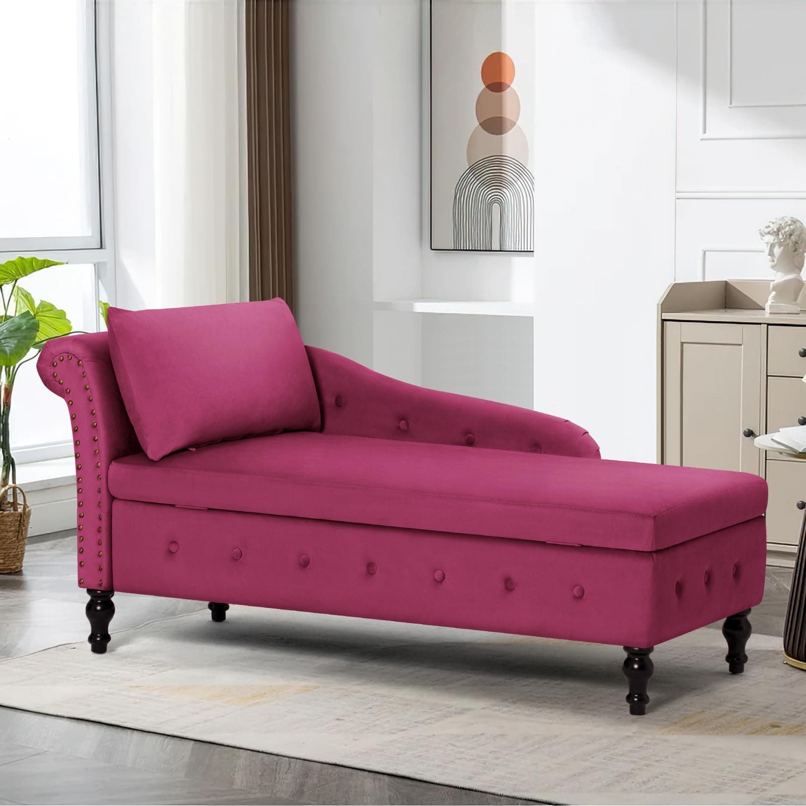Velvet Chaise Lounge with Left Armrest & Storage Space,Button Tufted Lounge Chair w/Lumbar Pillow,Modern Upholstered Lounge Chair for Bedroom, Living Room and Office, Fuchsia
