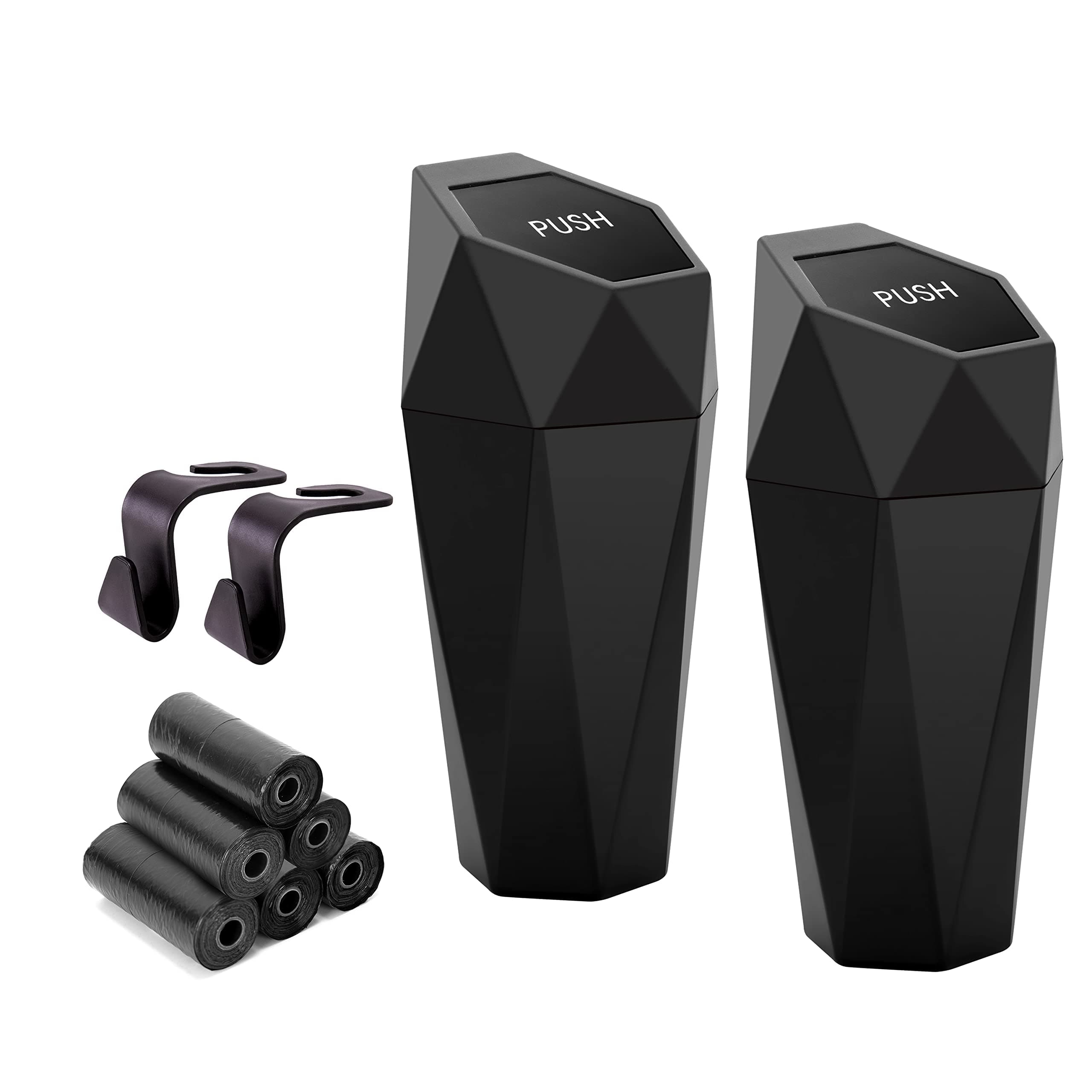 Ginsco 2 Pack Mini Car Trash Can With Lid, Cup Holder, Leakproof Small Trash Cup for Home, Office With Additional 2 Hooks and 90pcs Trash Bags Black