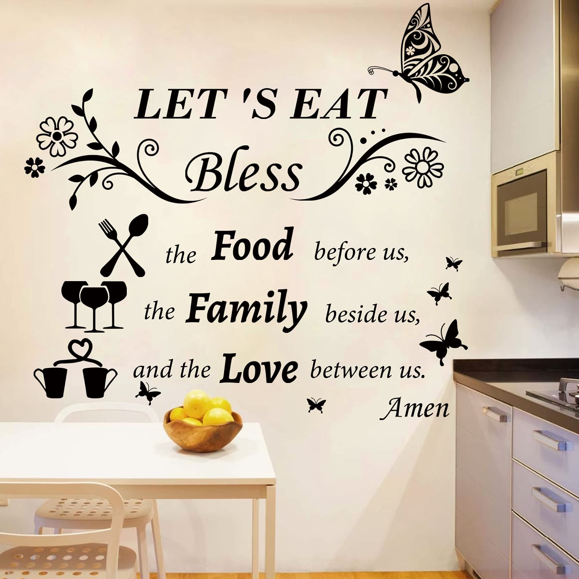 Kitchen Wall Decals Dinner Meal Prayer Wall Stickers Vinyl Kitchen Quotes Wall Decal Let's Eat Bless The Food Before Us Sign Saying Stickers for Dinning Room Home Restaurant
