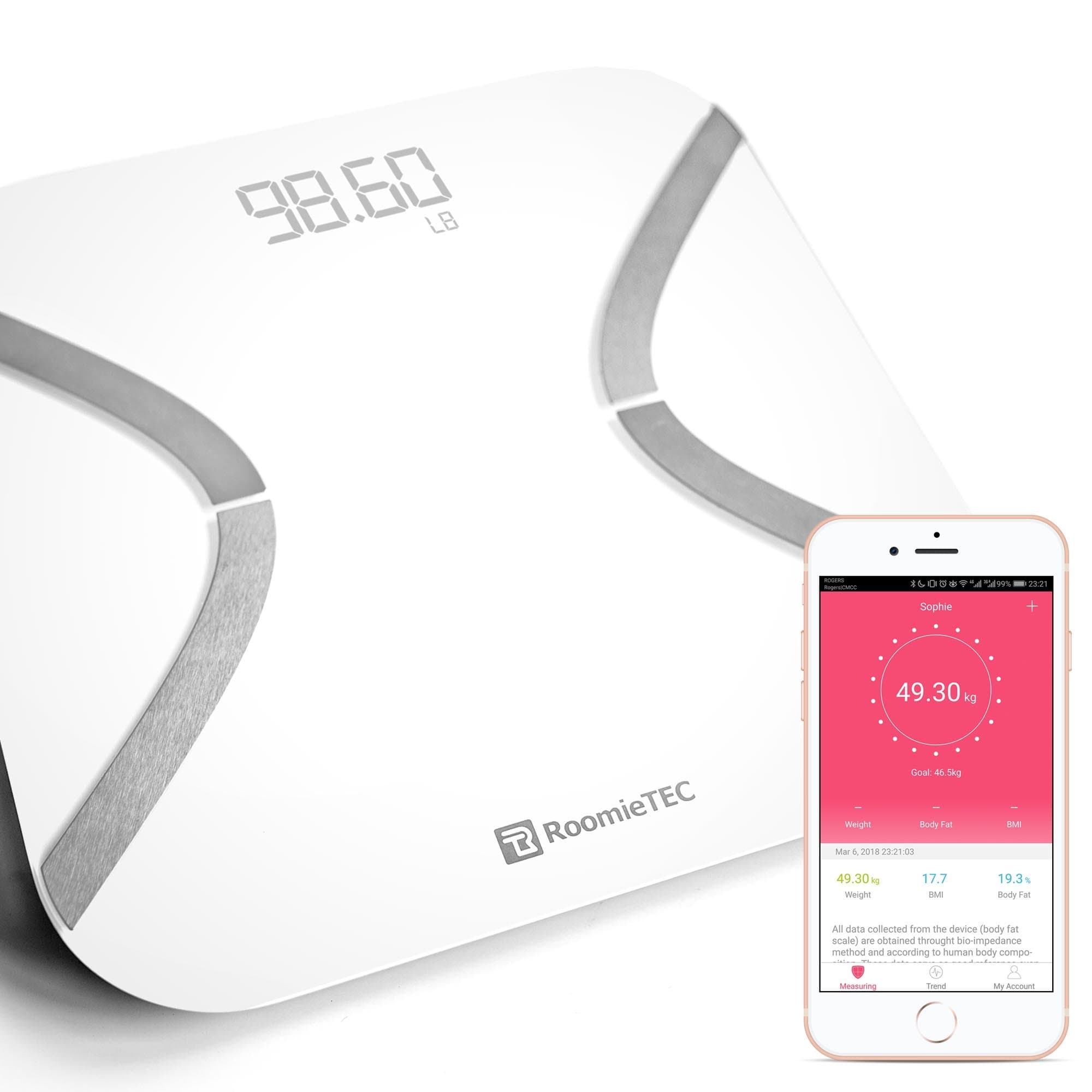 ROOMIE TEC Smart Bluetooth Body Scale | BMI, BMR, Bone Mass, Muscle, Body Fat Analyzer | Bioimpedance BIA Bathroom Scale | Smartphone App to Monitor Weight Loss, Fitness Goals | White Glass