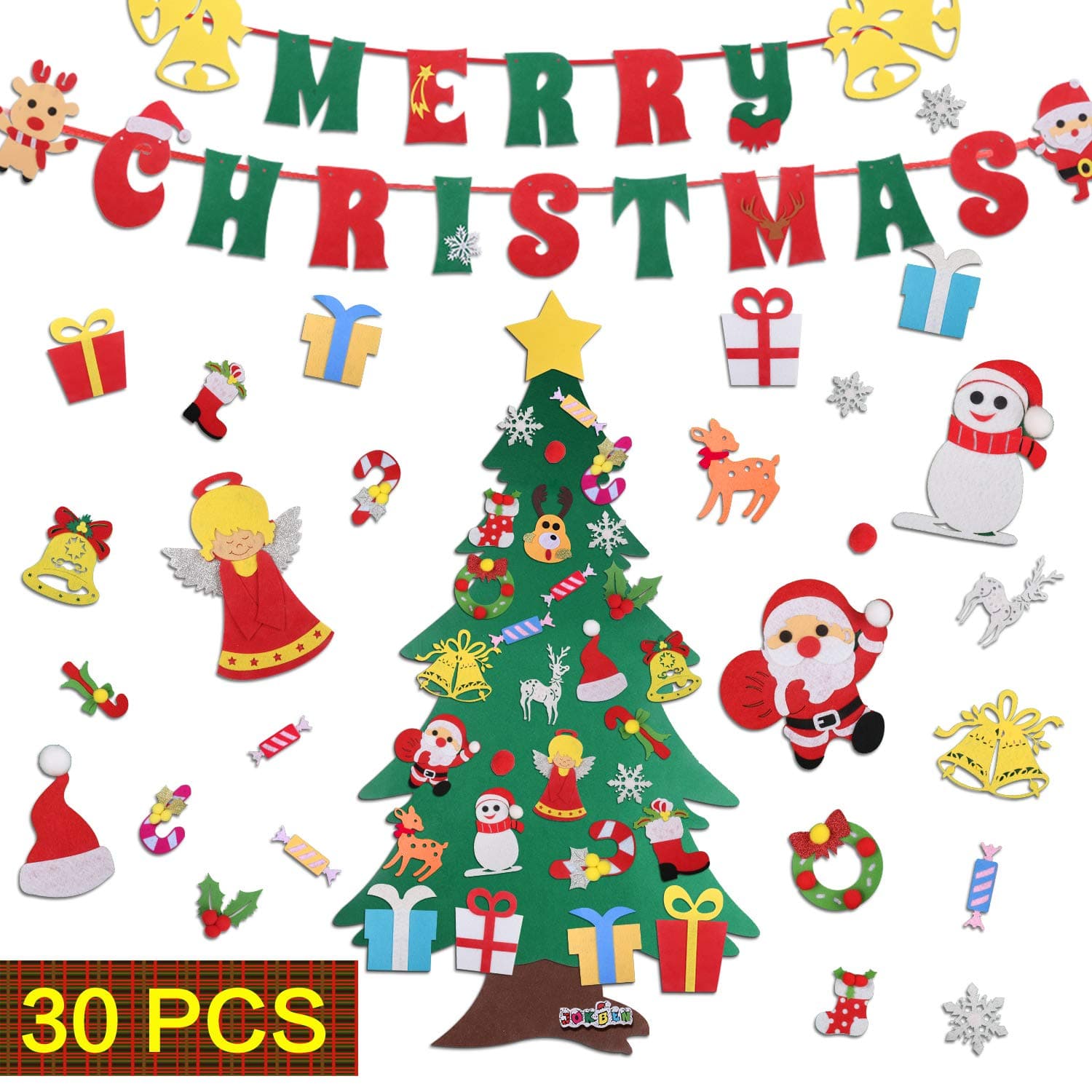 3.3 ft DIY Felt Christmas Tree Set, with Merry Christmas Felt Banner Wall Hanging Christmas Decorations with 30pcs Detachable Ornaments Xmas Gifts for Child