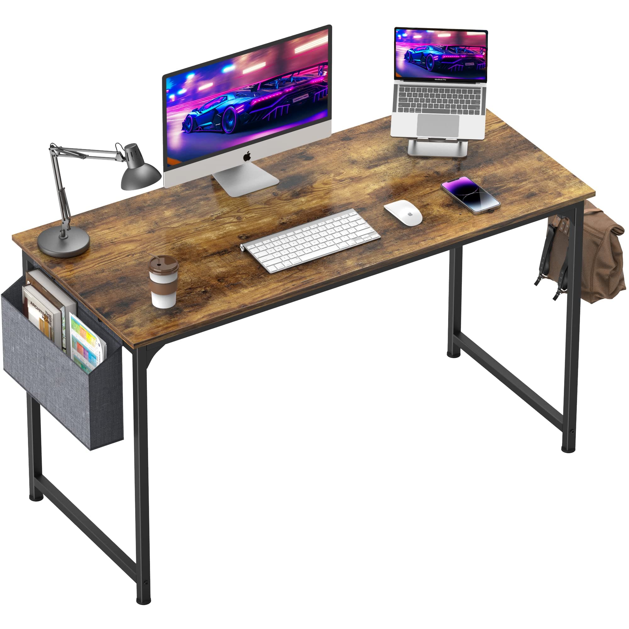 Mr IRONSTONE Computer Desk 55" Home Office Writing Desk, Modern Simple Study Desk, Laptop Table with Storage Bag, Cup Holder and Headphone Hook (Rustic Brown)