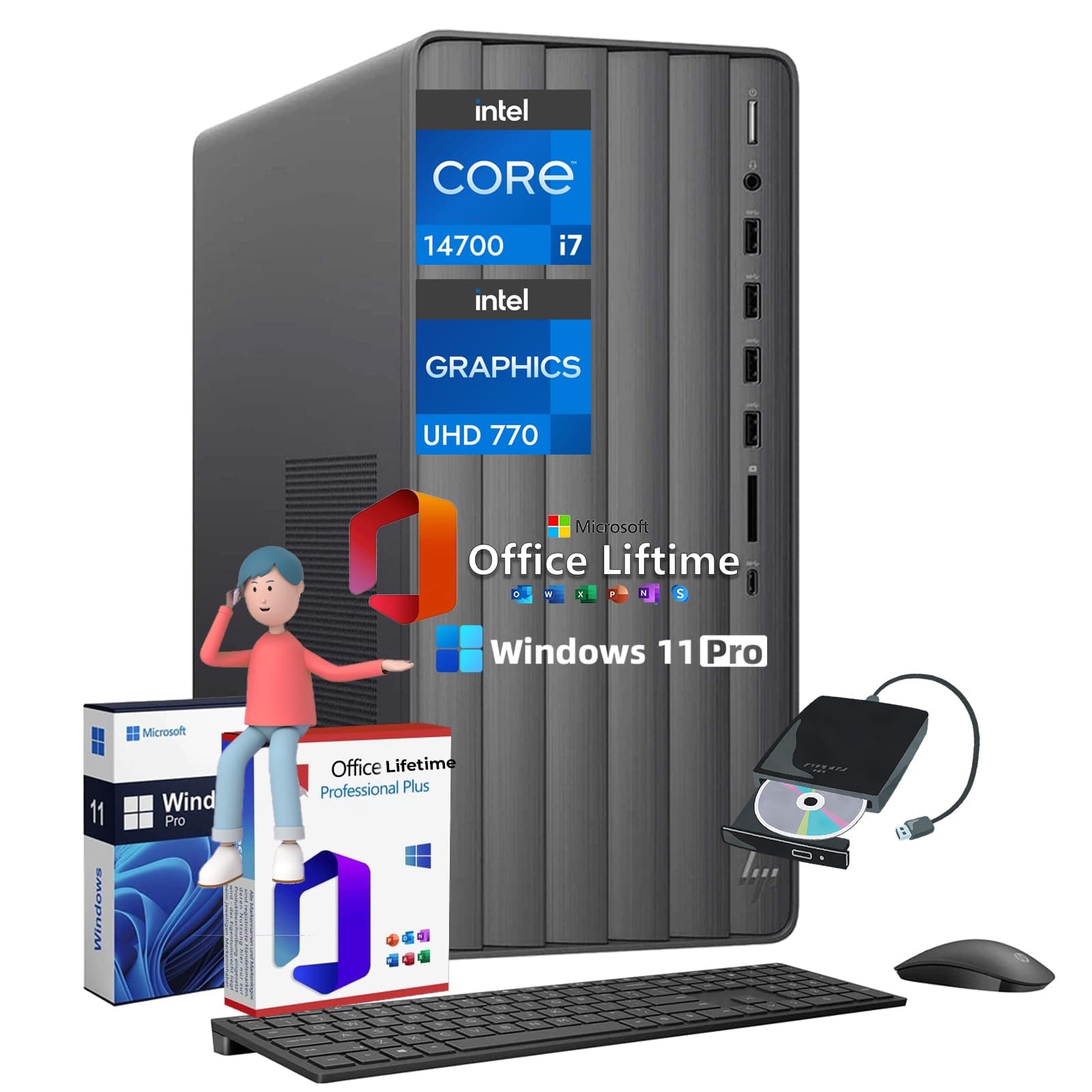 HP Envy TE01 Desktop Computer PC - Intel i7 14700(20-core, up to 5.4GHz) - Wi-Fi 6 - Intel UHD Graphics - Office Lifetime - Win11 Pro & External Optical Drive (64 GB RAM | 2 TB SSD | 2 TB HDD)