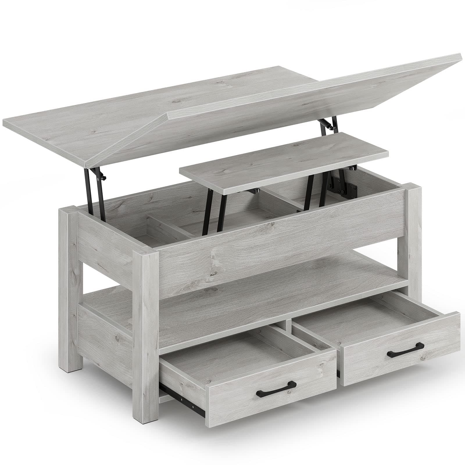 Rolanstar Lift Top Coffee Table - Multi-Function Convertible With Drawers and Hidden Compartment, Converts to Dining Table for Living Room, Home Office, Grey