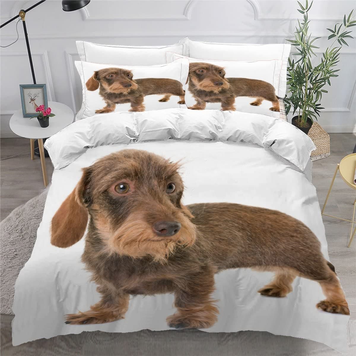 King Size Bedding Sets Canning Chenxian wool dachshund Double Bed Duvet Cover Set with Pillow Cases Hidden Zipper Adults Teenager 3Pcs Fluffy Duvet Cover King Size