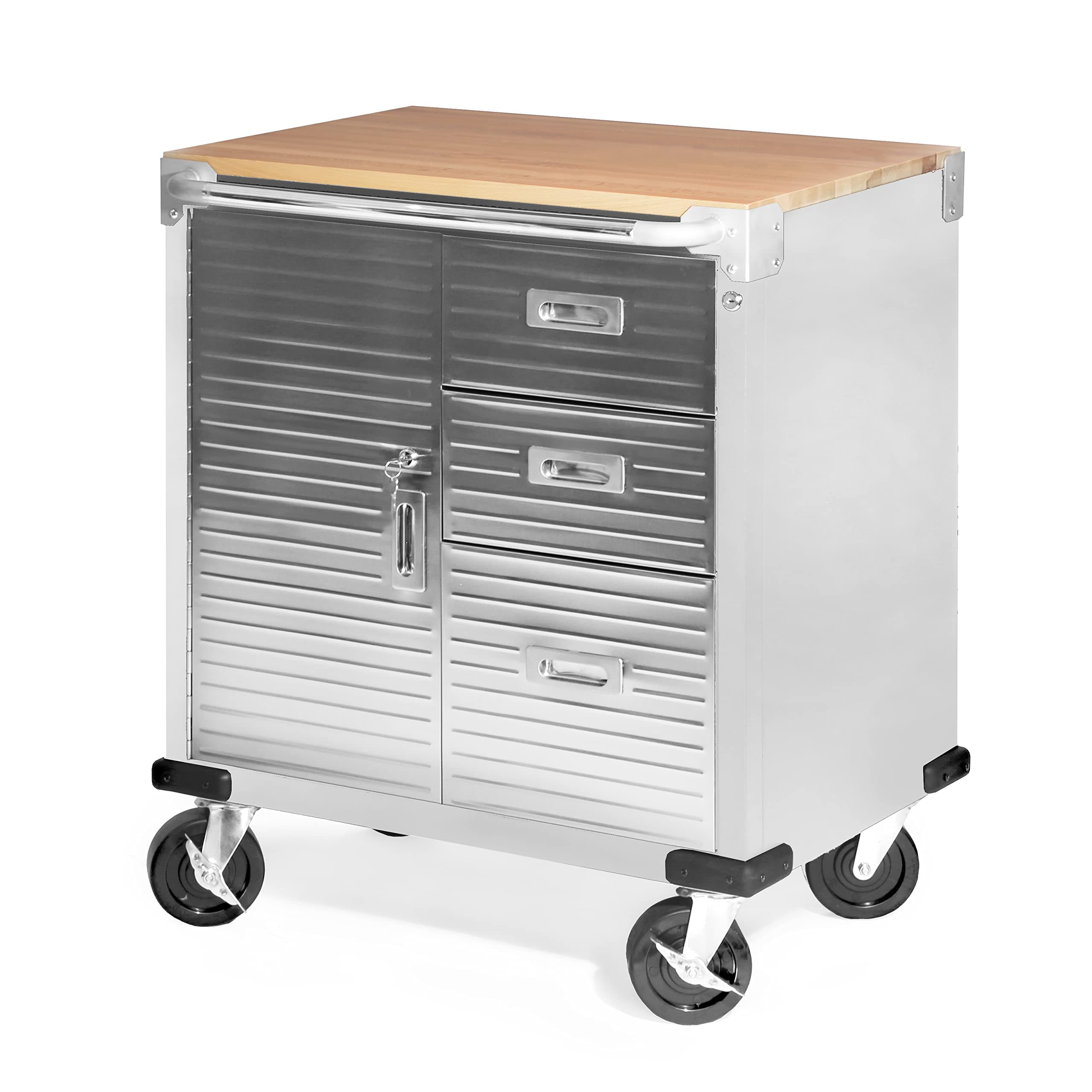 Seville Classics UltraHD Heavy Duty Rolling Cabinet Workbench Table w/Solid Wood Top, Workstation for Garage, Office, Workshop, Granite, 1-Door, 4-Drawer (28" W x 20" D)