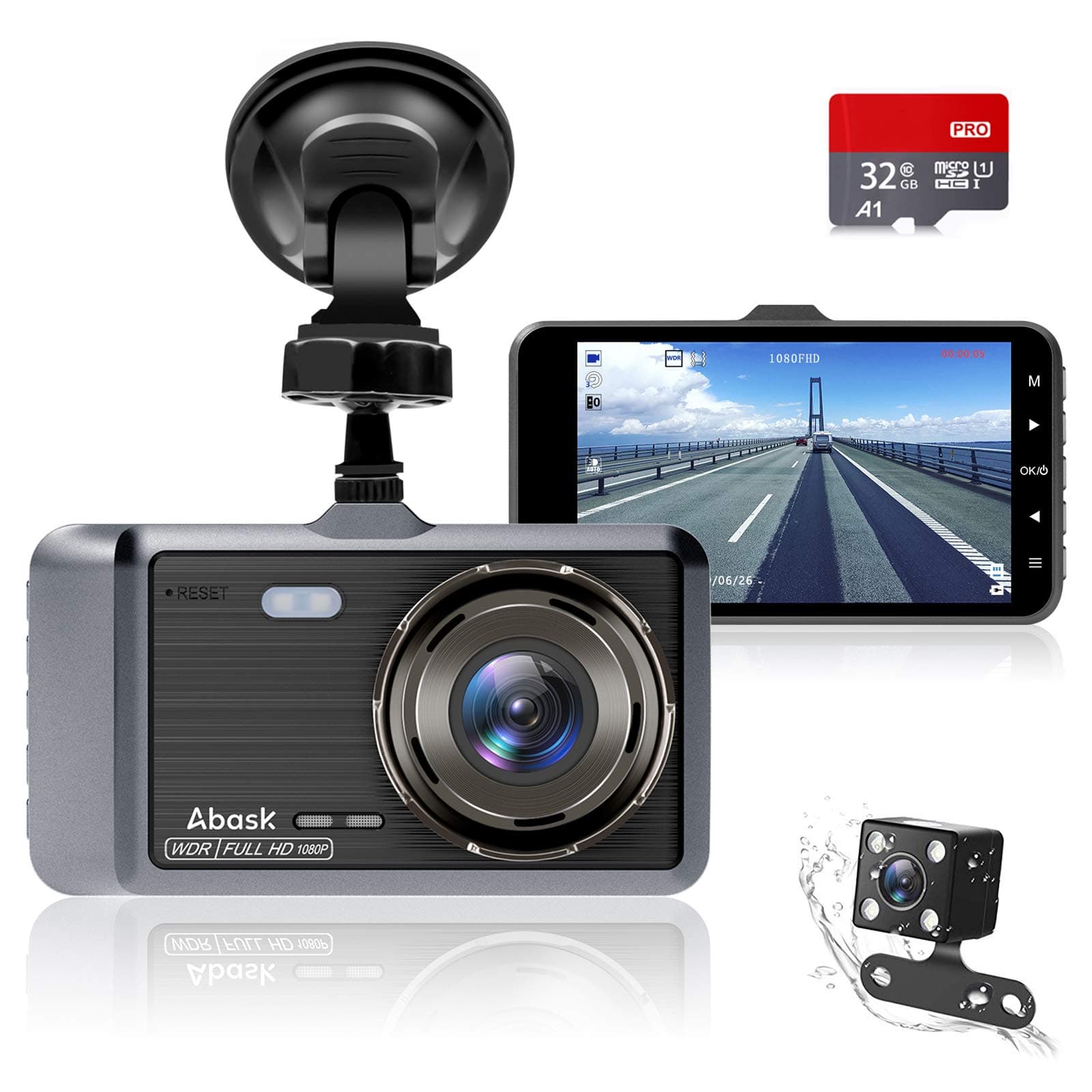 ABASK Dash Cam Front and Rear Camera, 1080P Full HD, 4" IPS Screen, WDR, 170° Wide Angle, Touch Control, Car Dash Cam with Parking Mode, Motion Detection, G-sensor and Loop Recording