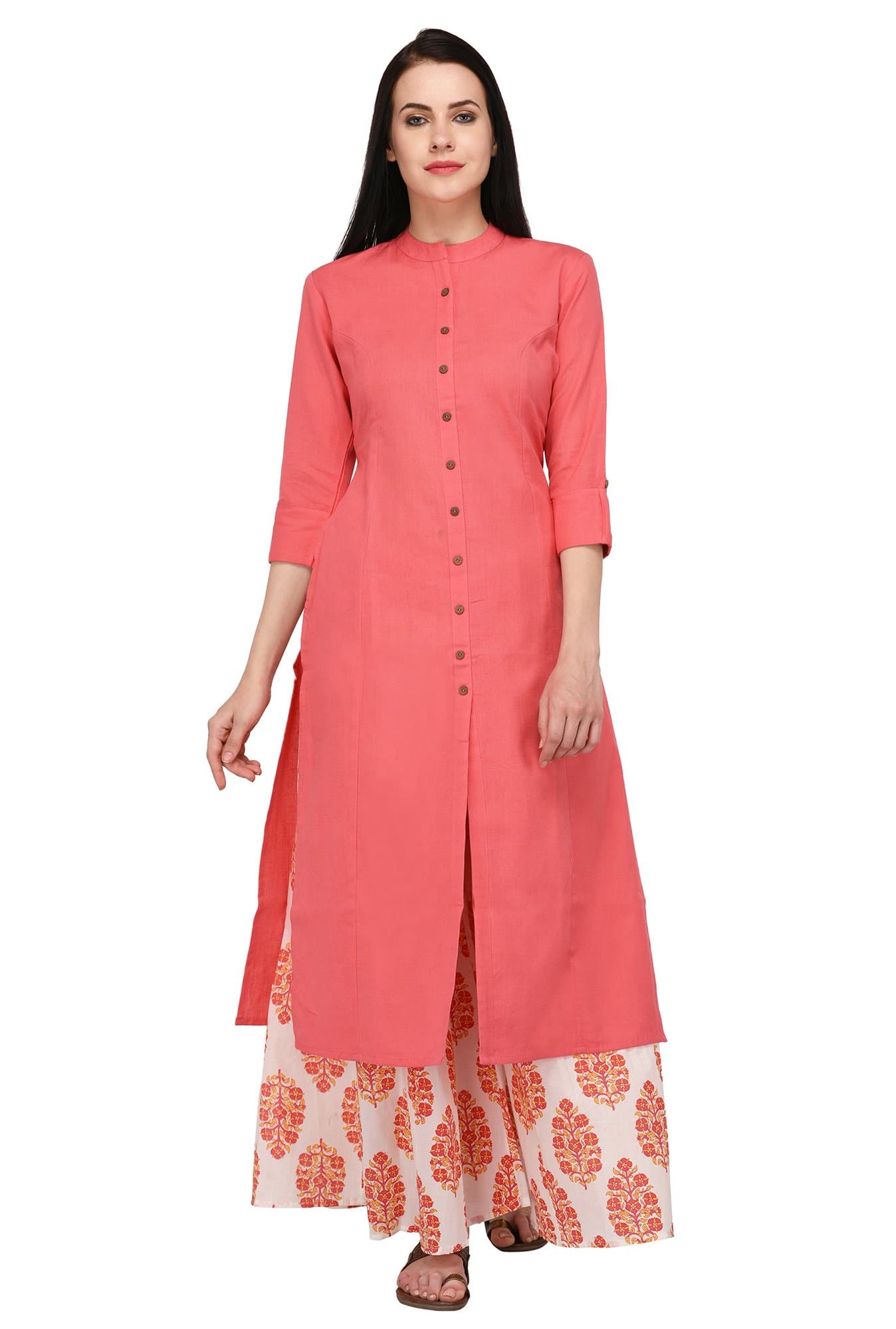 Pistaa'sWomen's Cotton Solid Kurta With Palazzo Bottom Set