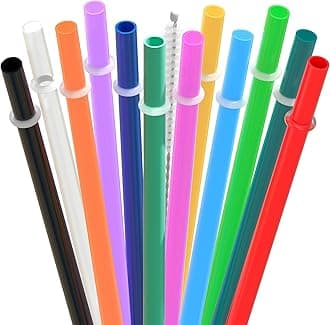 Dakoufish 12 Piece 9 Inch Reusable Plastic Thick Drinking Straws BPA Free Mason Jar Straws Plain Color 11inch Multi ADS001