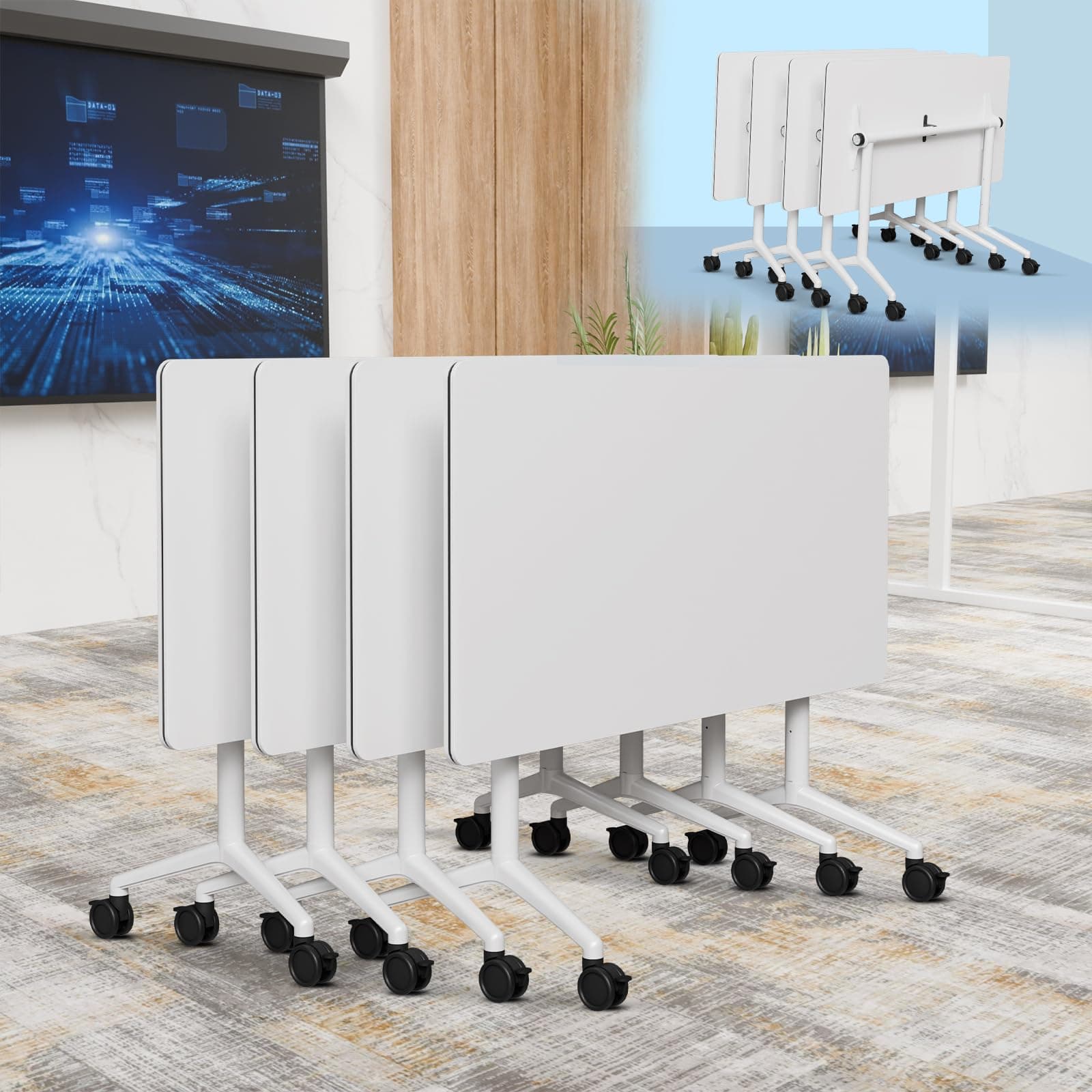 6-8 Person Conference Table Folding Conference Table for Office,Training, Seminar,Schools Modern Wood Conference Meeting Room Table Large Rectangular Conference Room Tables (6, White, 63in)