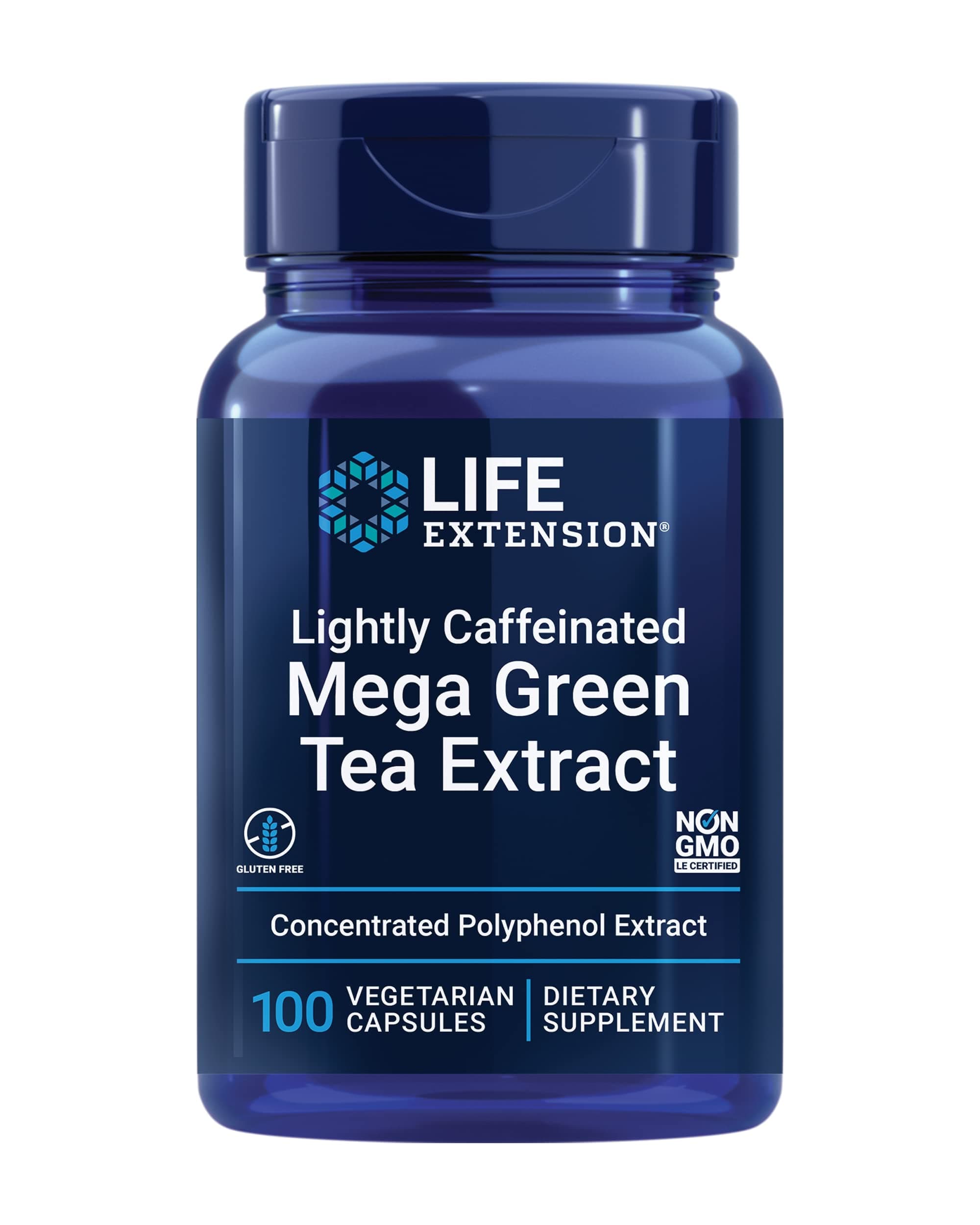Lightly Caffeinated Mega Green Tea Extract, Camellia sinensis Extract with Concentrated EGCG polyphenol Content, Gluten-Free, Non-GMO, Vegetarian, 100 Capsules