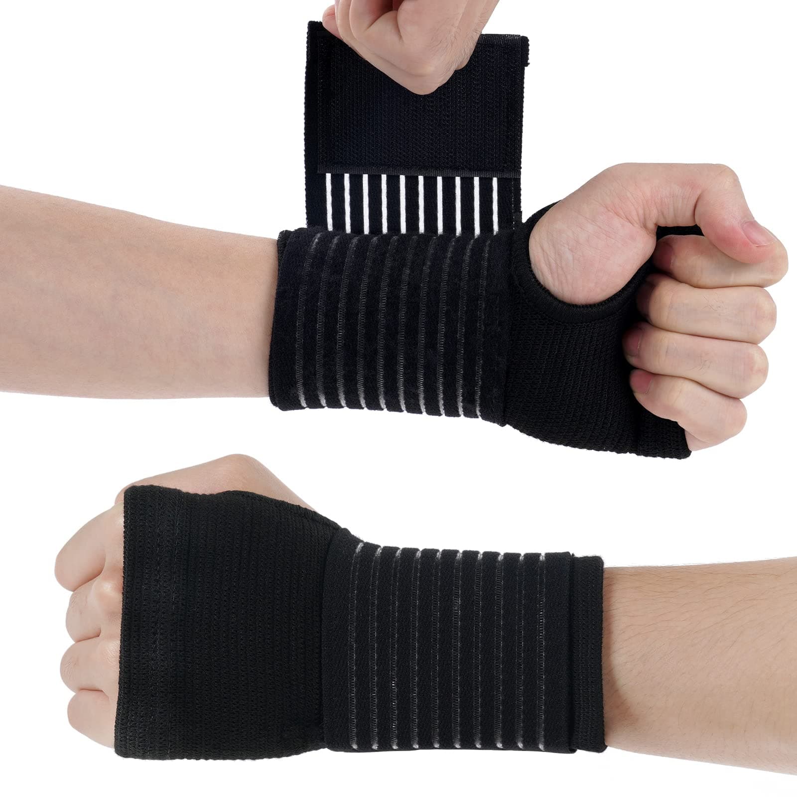 Wrist Brace, 2 Pack Elastic Wrist Support with Strap, Wrist Compression Wrap Adjustable Wrist Strap Relieves Wrist Pain, Tendonitis, Sports Use for Men and Women, Right & Lef(Black)