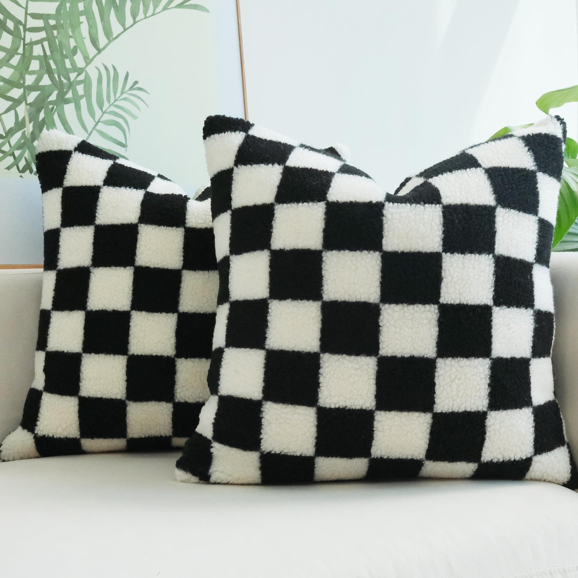 JOJUSIS Decorative Throw Pillow Covers Luxury Style Checkerboard Pattern Cushion Case Super Soft Faux Fur Wool Pillowcases for Couch Bedroom Pack of 2 (Black, 18 x 18-Inch)