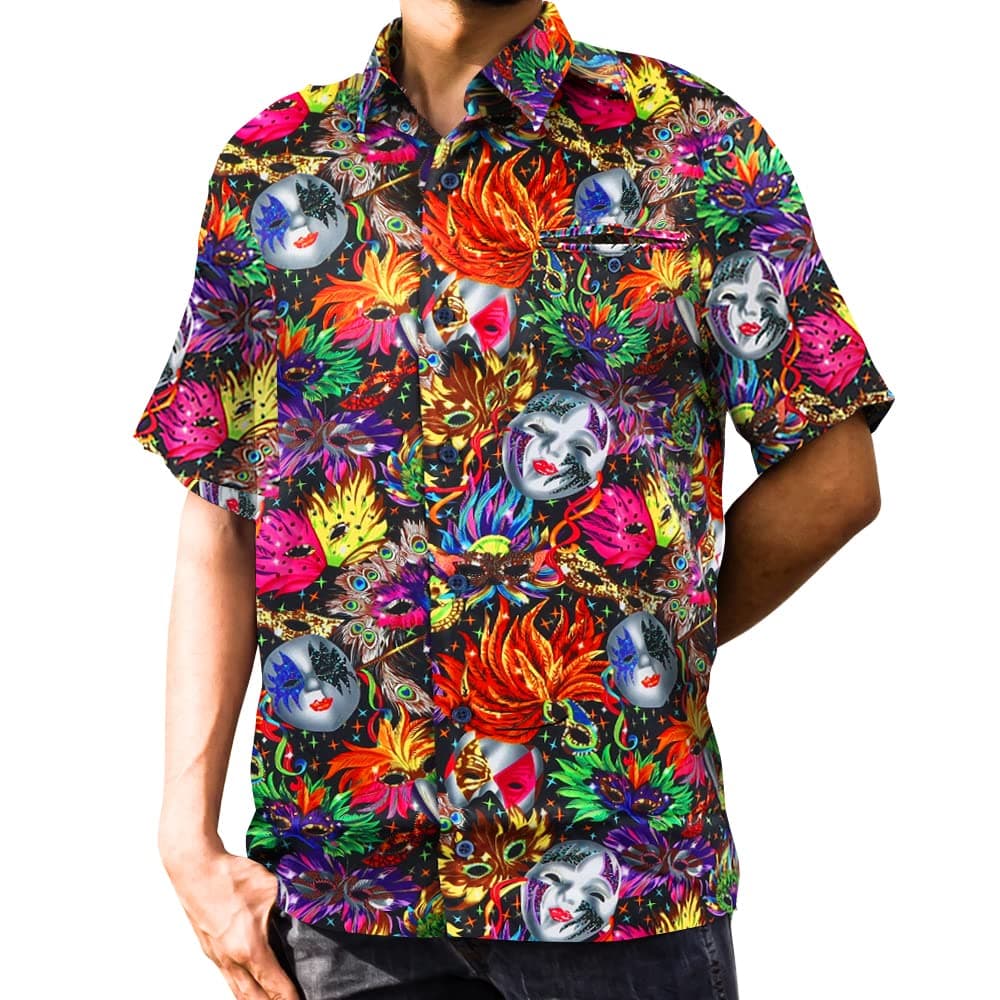 Mardi Gras Unique Vibrant Button Down Collared Hawaiian Style Fit Shirt for Men