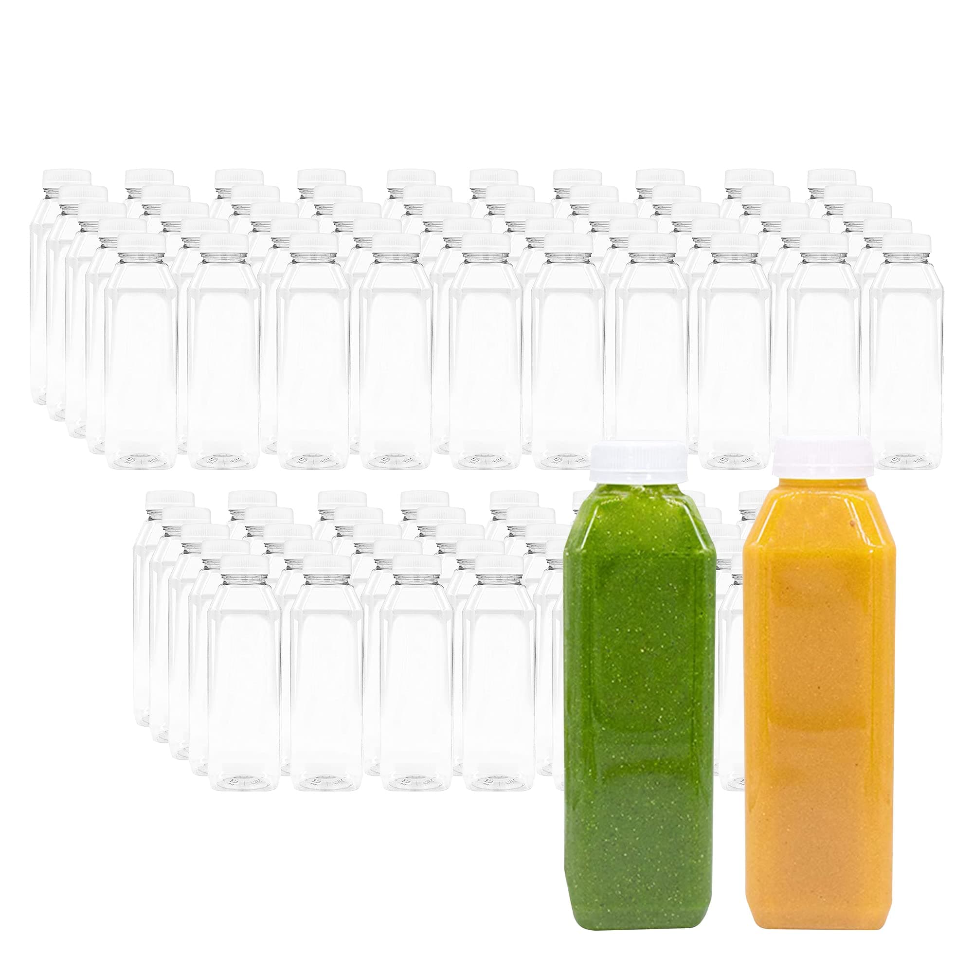 Upper Midland Products 16 OZ Empty PET Plastic Juice Bottles - Pack of 90 Reusable Clear Disposable Milk Bulk Containers with Black Tamper Evident Caps Lids (90-Pack)