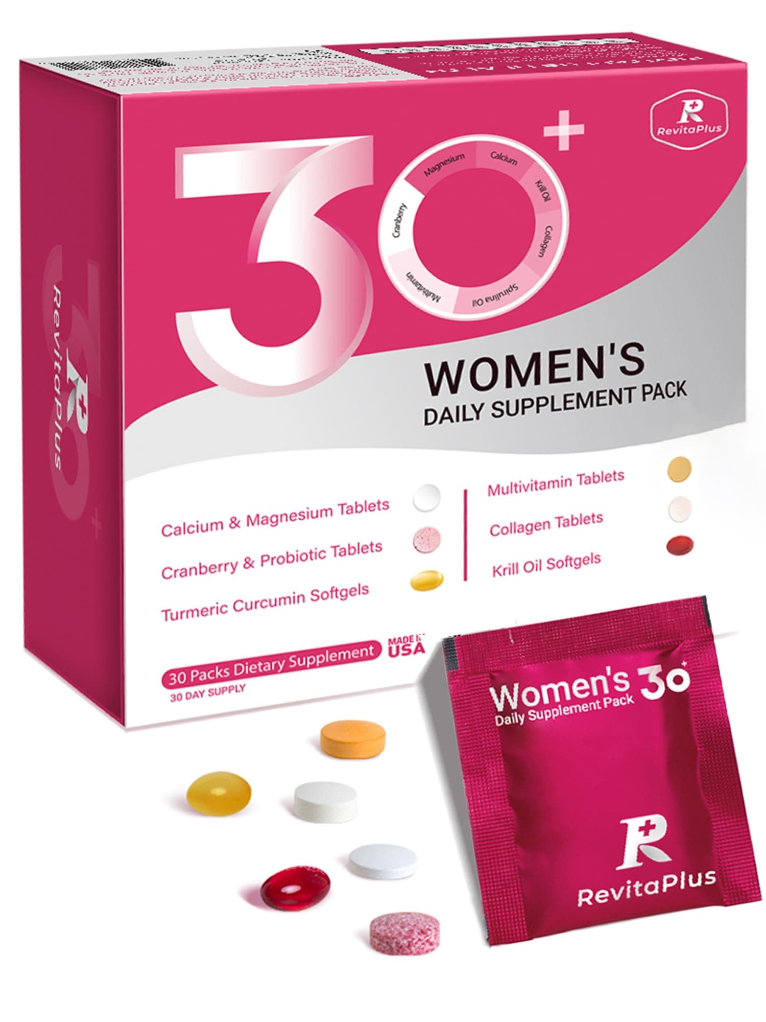 RevitaPlus Multivitamin for Women with Vitamin A,B,C,D3,E,K2,Biotin, Collagen,Krill Oil,Cranberries Supports Energy,Wellness,Beauty and Immune - Vitamin Packs for Women Health 30 Packs