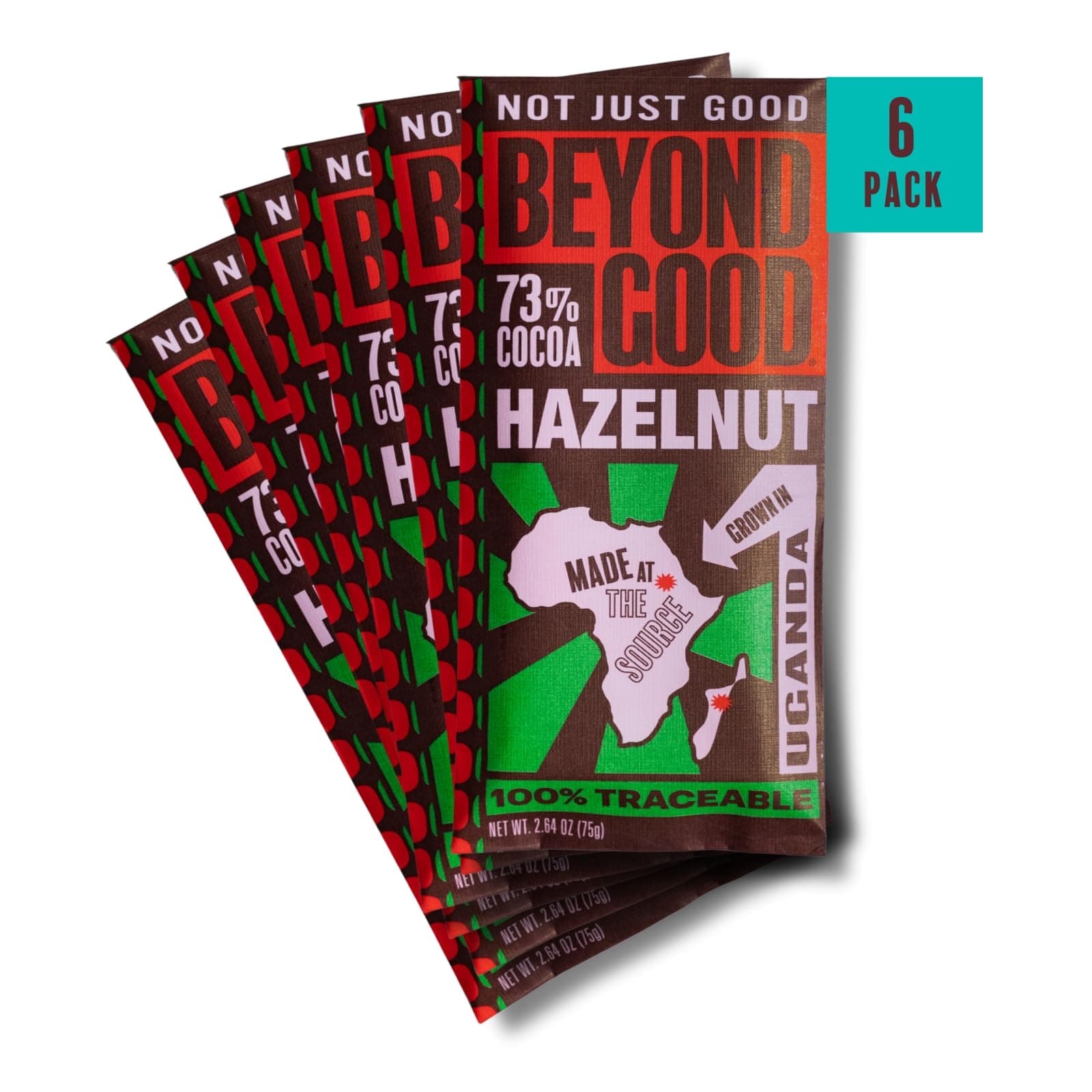 Beyond Good Chocolate Bars | 6 Pack Toasted Hazelnut Chocolate | Gift Box Included | Organic, Direct Trade, Vegan, Kosher, Non-GMO | Single Origin Uganda Dark Chocolate