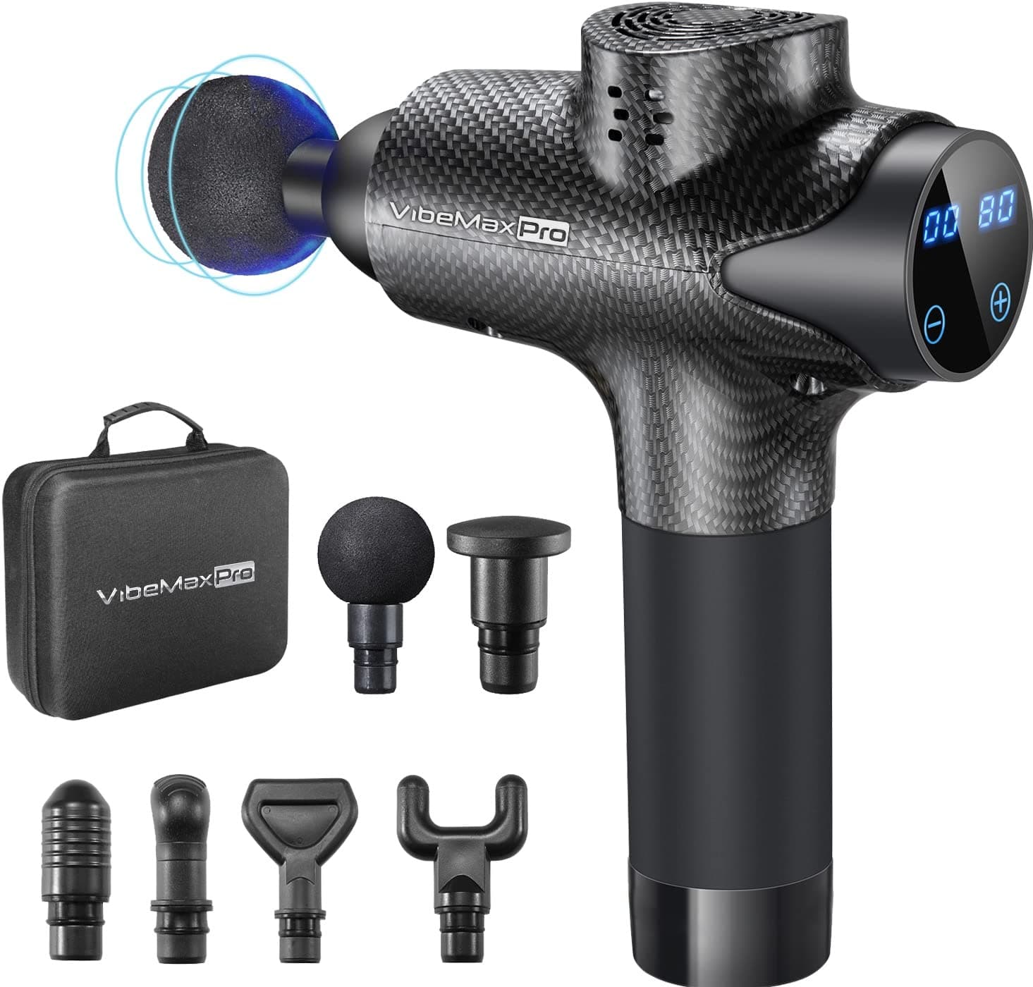 VibeMax LCD Touch Screen Massage Gun - Deep Tissue Percussion Massager - with 30 Speeds and 6 Attachments for Muscle Pain Relief, Post-Workout Recovery - Carry Case Included