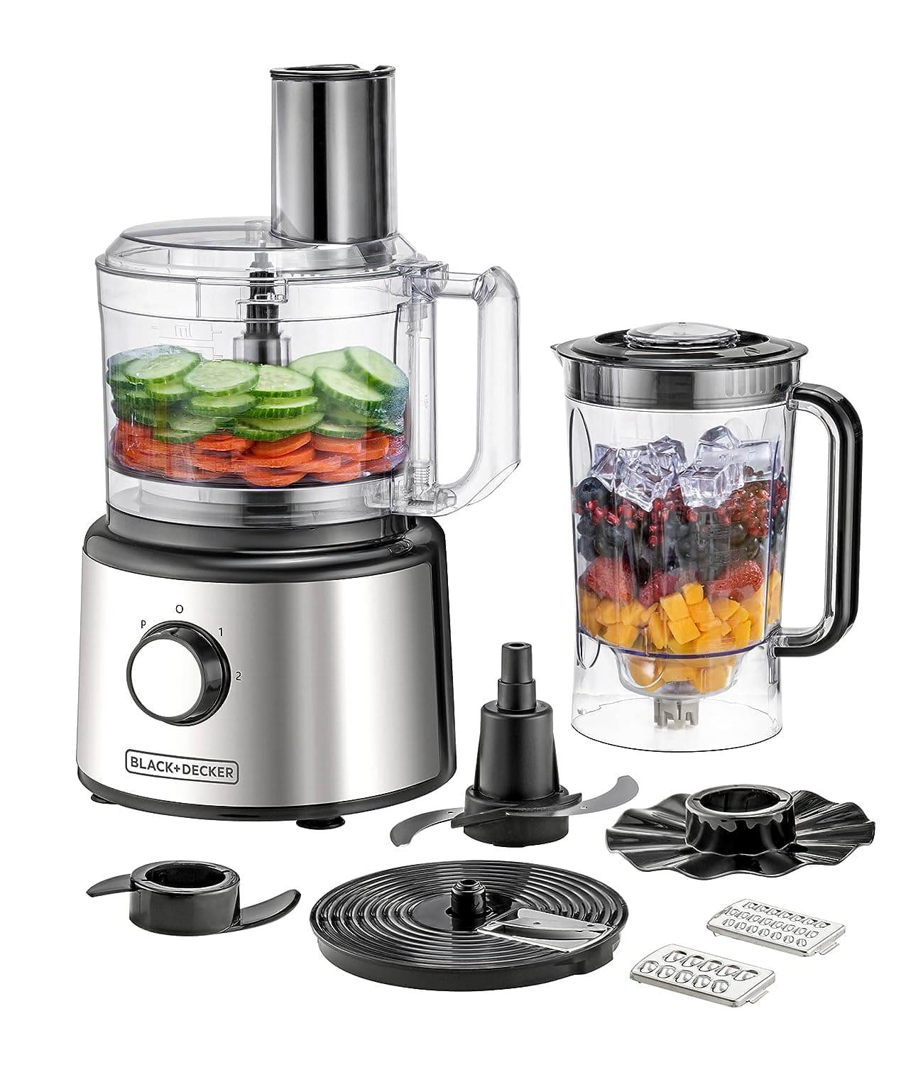 BLACK+DECKER 5-in-1 Food Processor, 750W Power, 2L Processing Bowl, 1.8L Blender Jar with Stainless Steel Blades, 34 Functions for Chopping, Slicing, Shredding, Compact Design, Black - FX775-B5