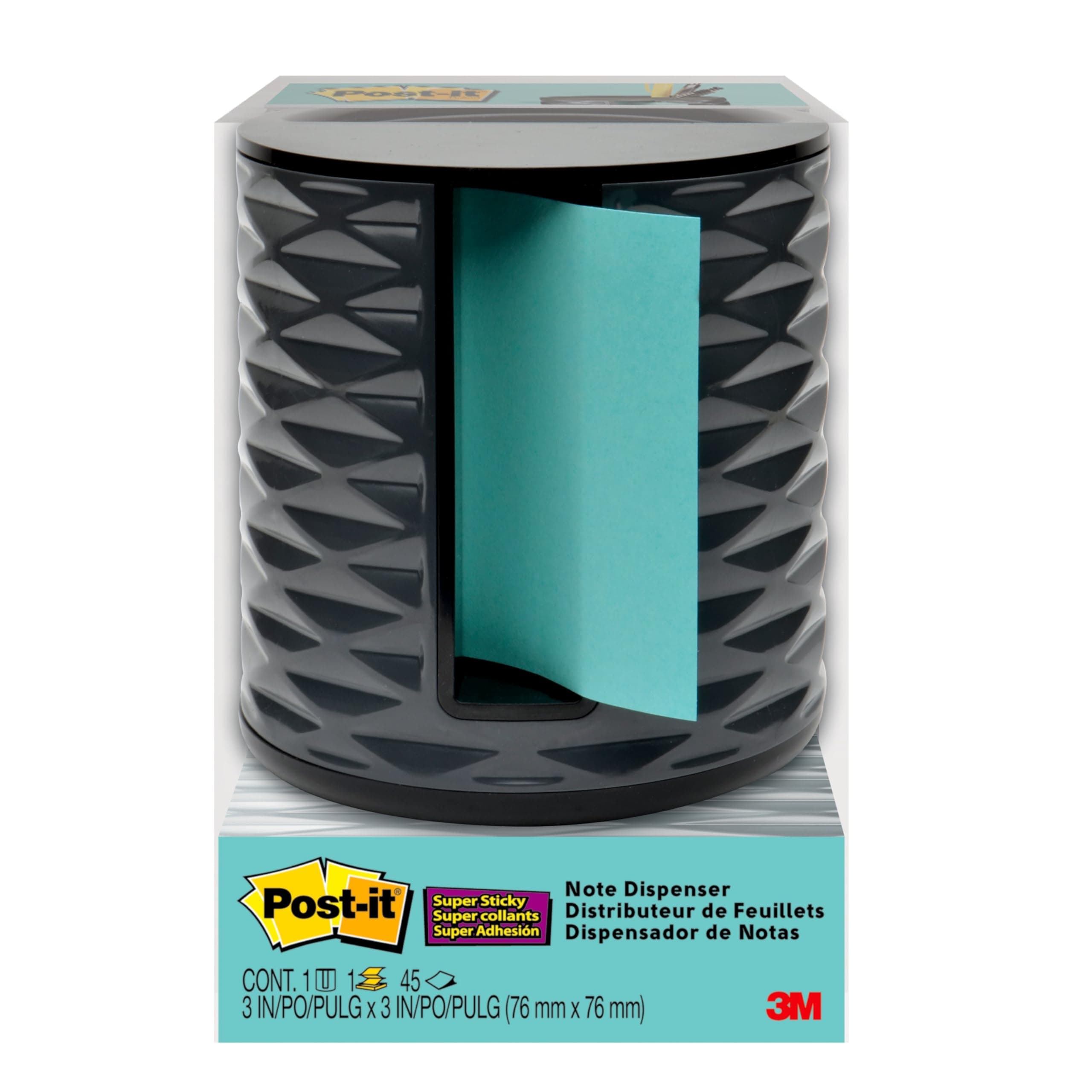 Post-it Note Dispenser, Vertical Design, Pop-Up Notes, Black with Grey Geometric Pattern, 1 Aqua Splash 3 in x 3 in Super Sticky Note Pad