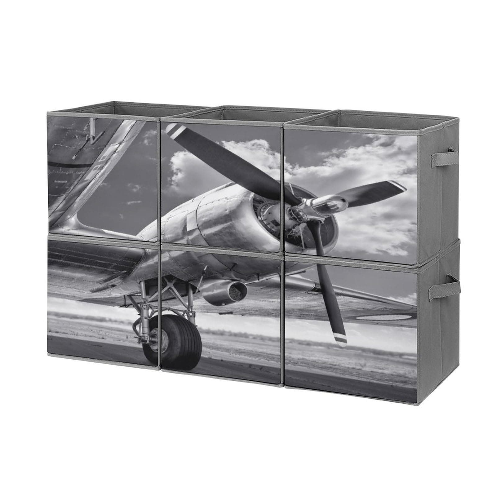 11 Inch Foldable Bins Airplane on Runway Fabric Storage Bin Organizer Cubes with Handles Clothes Blanket Toys Box for Home Office 6-Pack