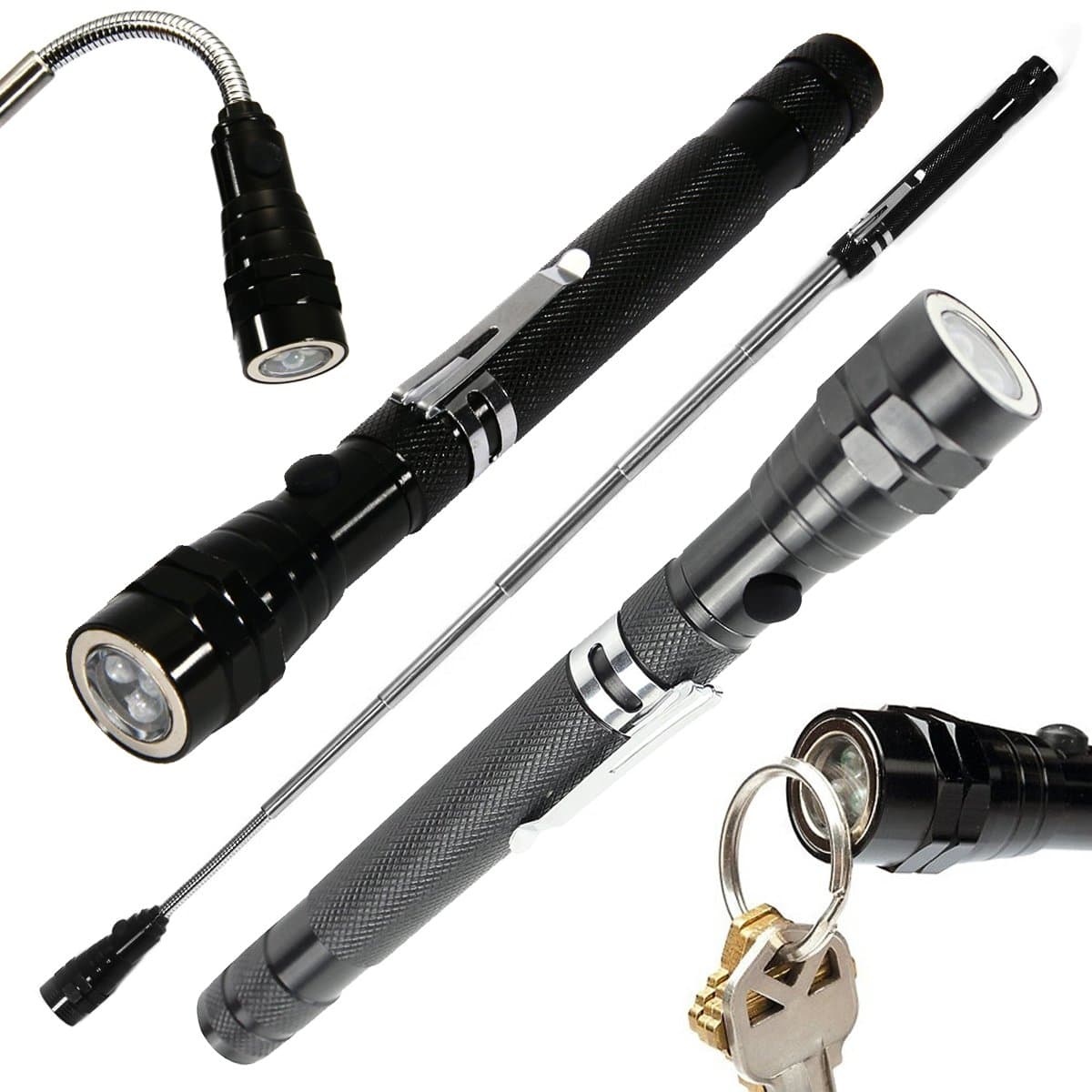 2 Telescopic LED Work Flashlights Black Grey Flexible Neck Magnetic Pick Up Tool Camping Outdoors