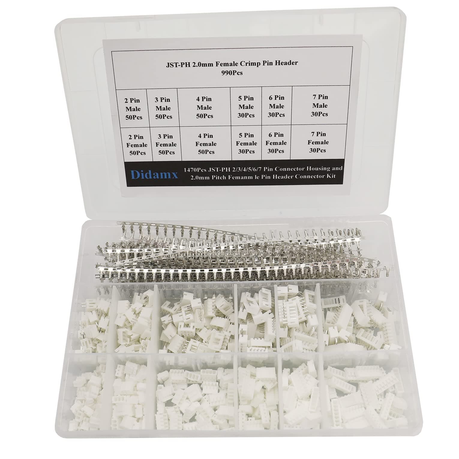 Didamx 1470 Pcs JST-PH 2/3 / 4/5 / 6/7 Pin Connector Housing and 2.0mm Pitch Female Pin Header Connector Adapter Plug Set