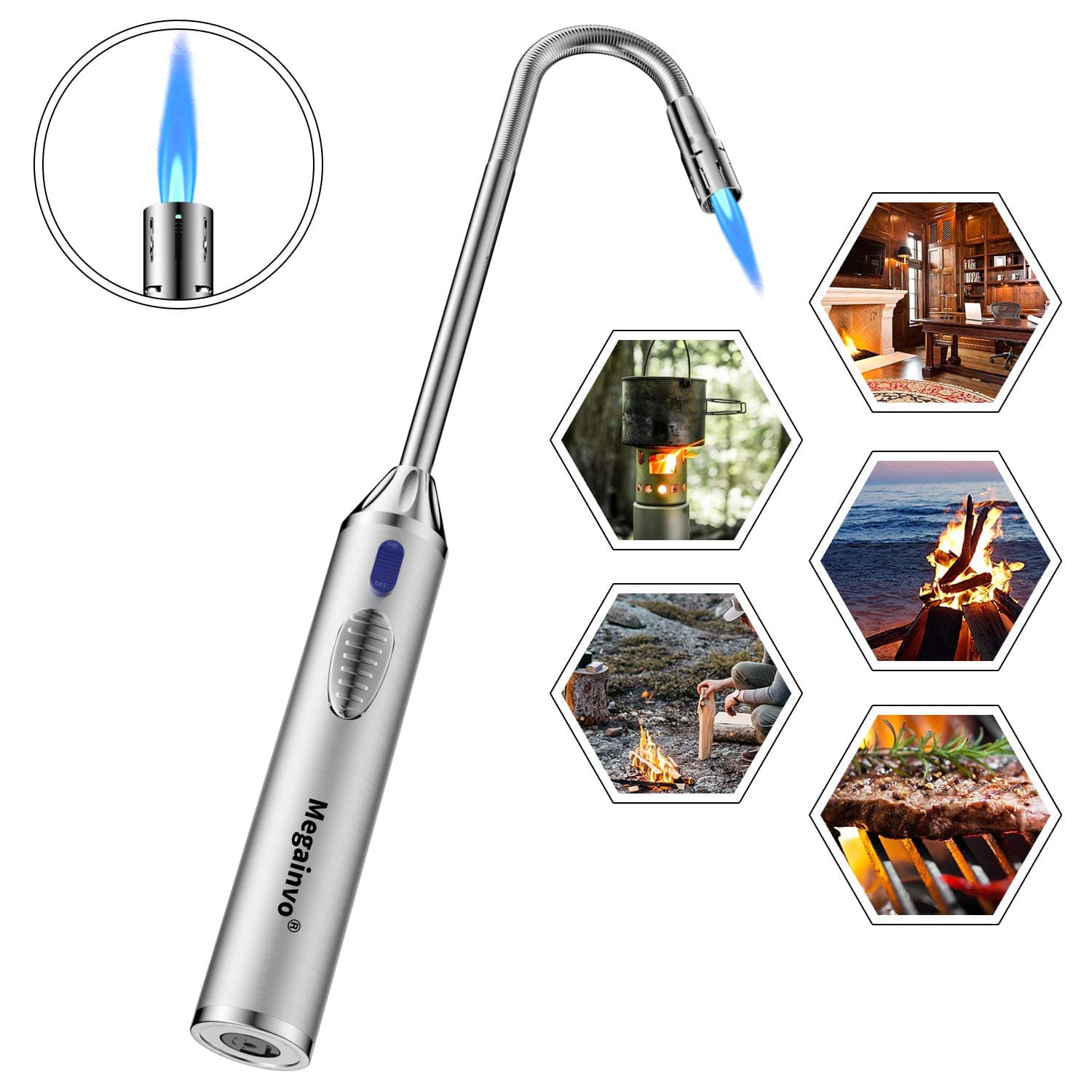 Fire Lighter Jet Flame Butane Gas Windproof Refillable Long Reach Safety Igniter for Open Fires Gas Hob Stove Oven Wood Burners Fireplace Grills BBQ Cookers Camping Outdoor Fire Tea Lighters 40CM