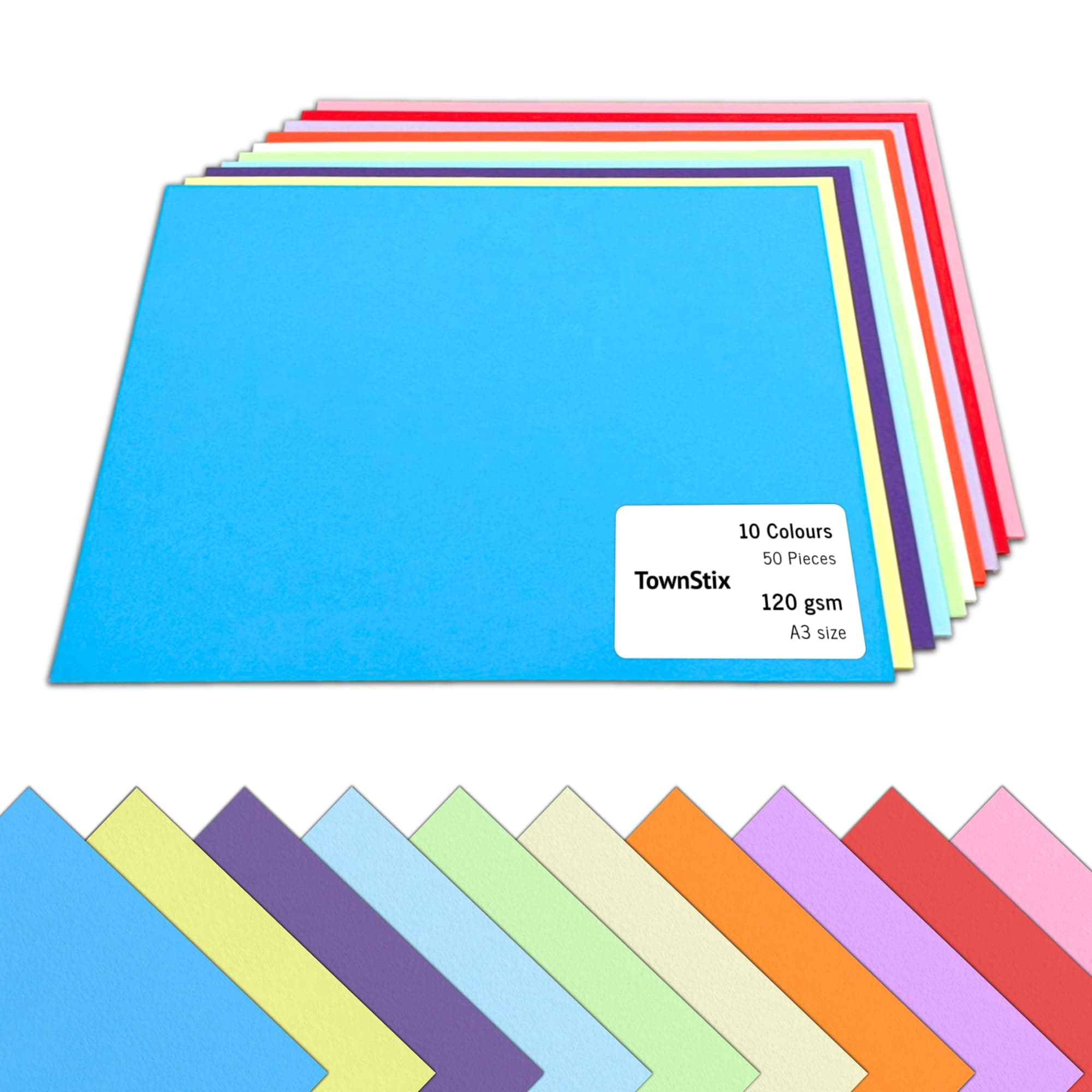 50 Sheets, 120gsm - A3 Coloured Card Paper, Assorted Multi Colour Cardstock for Art & Craft - 10 Colours