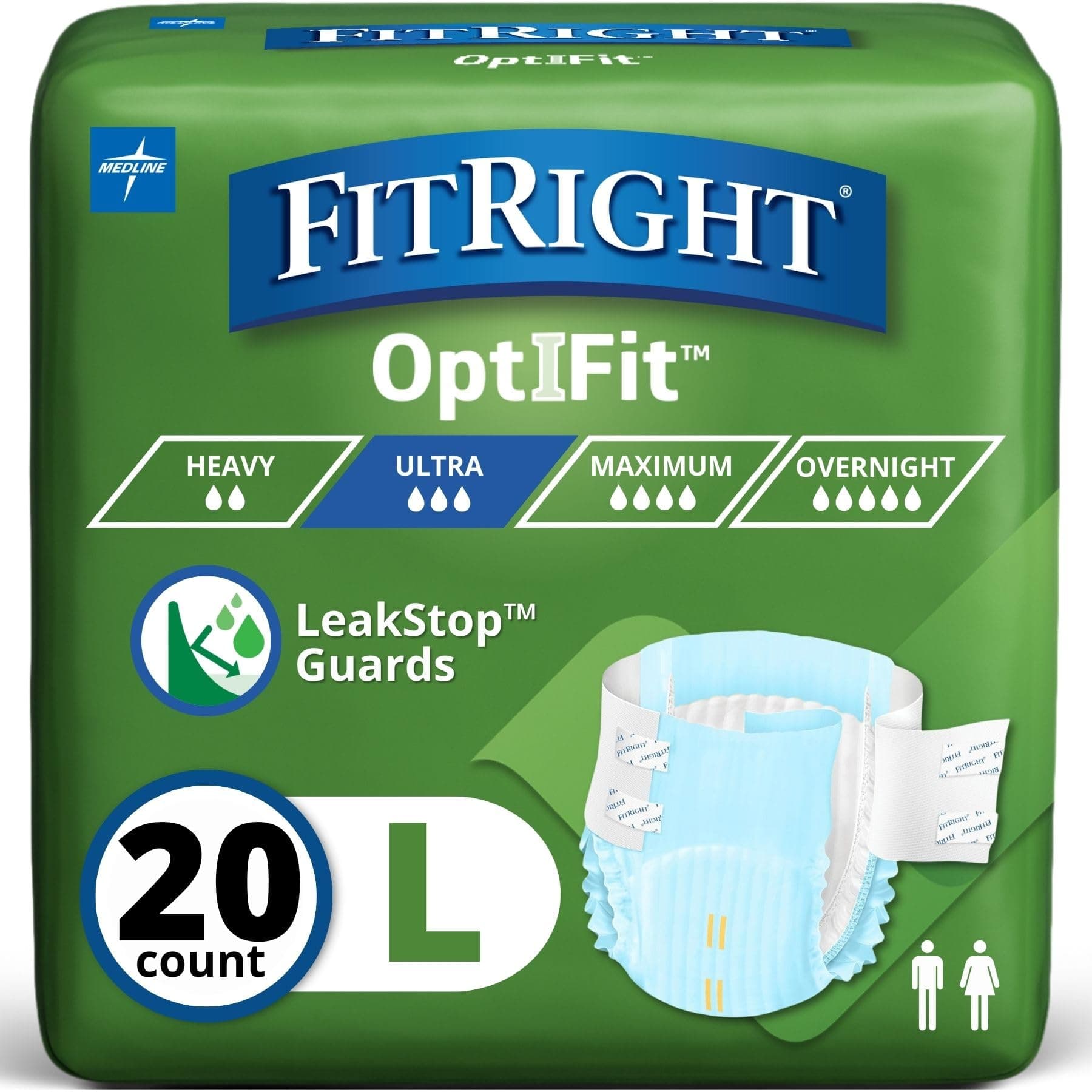 FitRight Adult Diapers, Ultra Heavy Absorbency, L (Waist Size 44in-56in), 20 Count, OptiFit Incontinence Briefs for Men and Women, Disposable, Moisture-Wicking, Leak Protection,