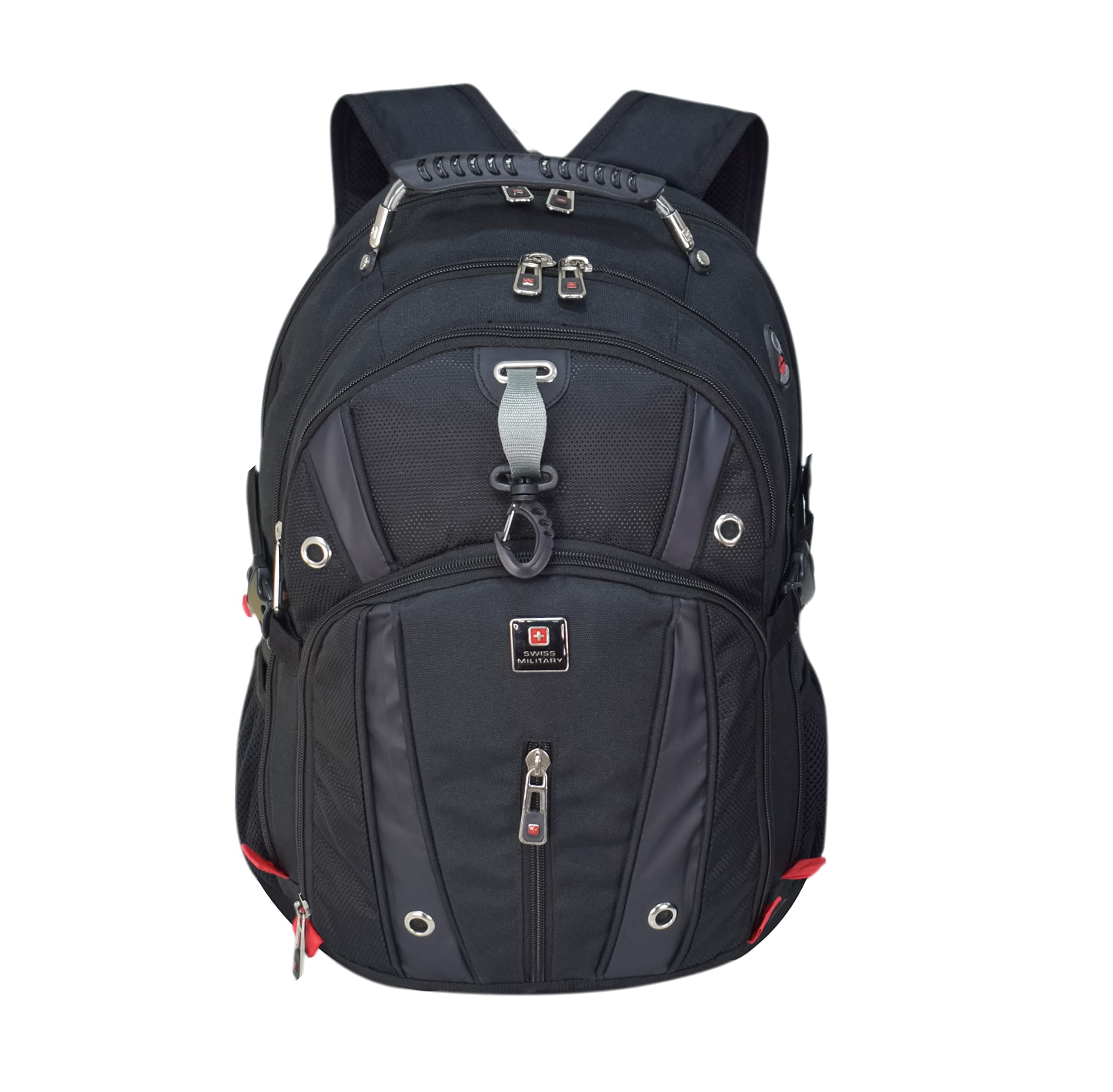 Luxury Backpack with 15.6" laptop compartment & Durable wire-frame handle, 2-way zipper, padded back, Carabiner clip, power bank pocket, USB/Aux cable charging,2 bottle holders (Black)