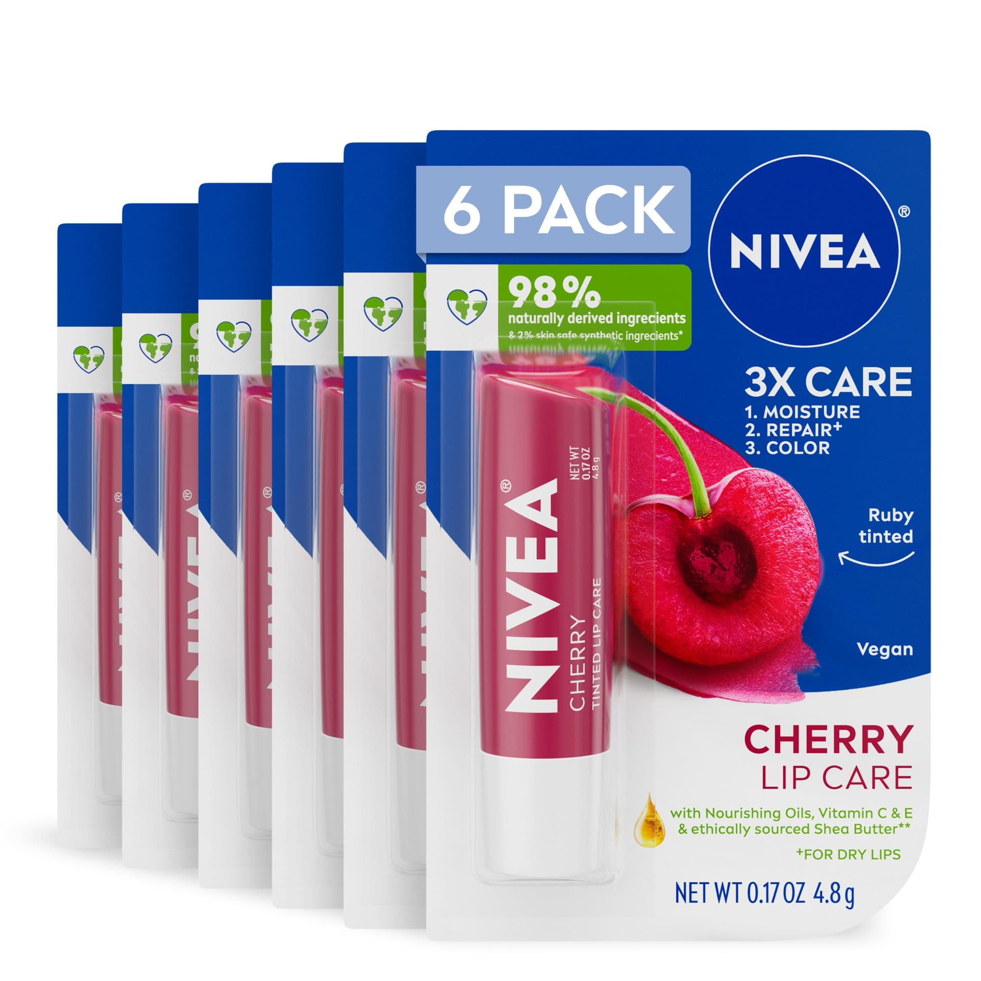 NIVEA Cherry Lip Care 0.17 Ounce Carded Pack (Pack of 6)