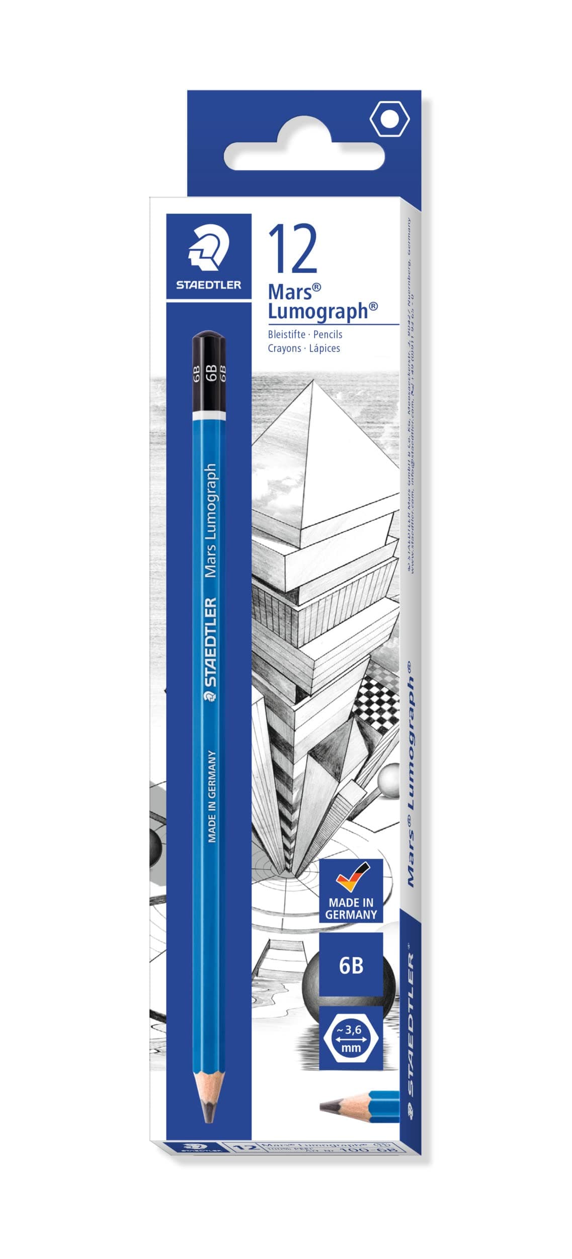 Mars Lumograph 6B Graphite Art Drawing Pencil, Soft, Break-Resistant Bonded Lead, 12 Pack, 100-6B, Grey