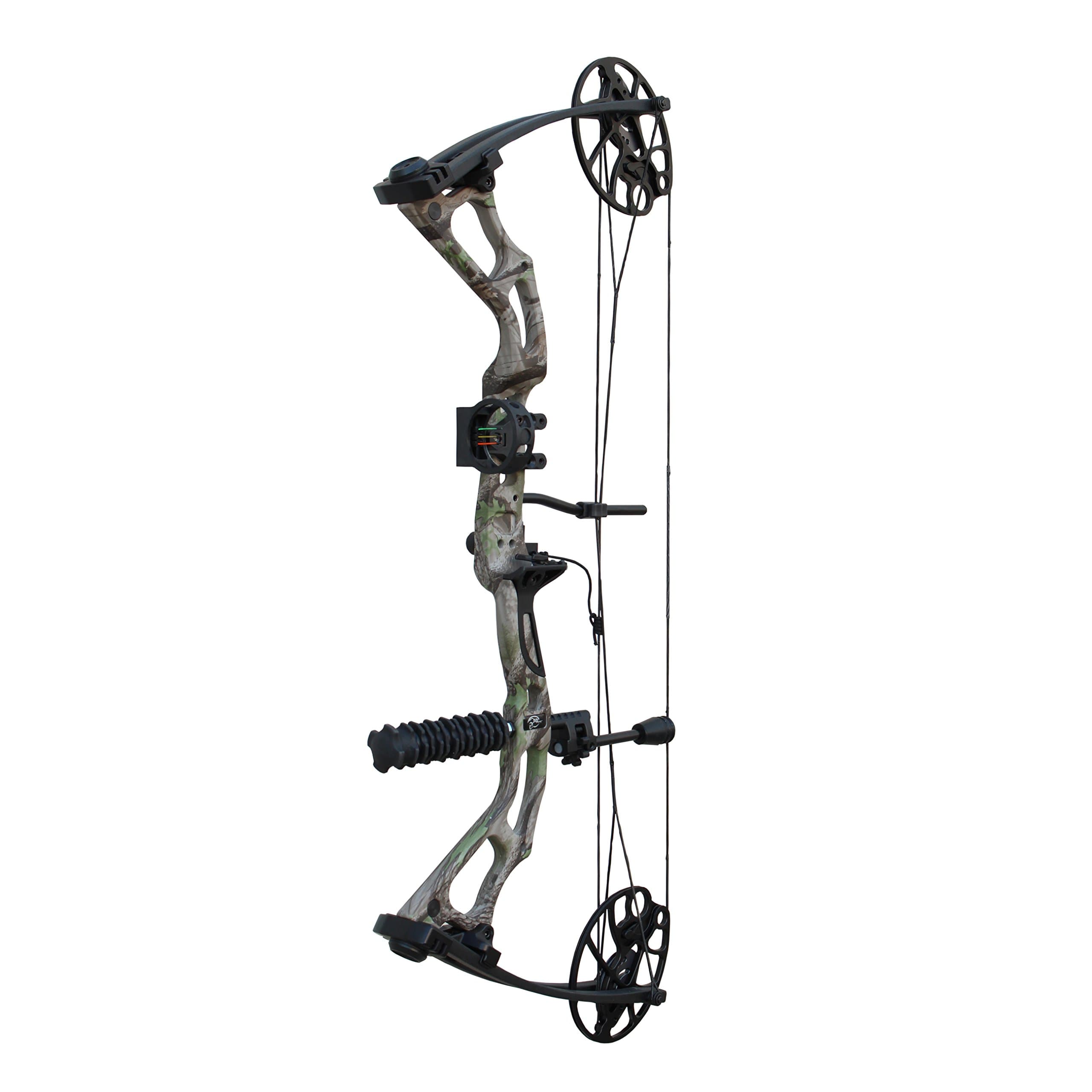 Hellbow Hunting bow Mirage with 19-31"/15-70 LBS of adjustable power, pulleys for right-handed, of camouflage color, has a 3 pins viewer, a stabilizer and an arrowrest