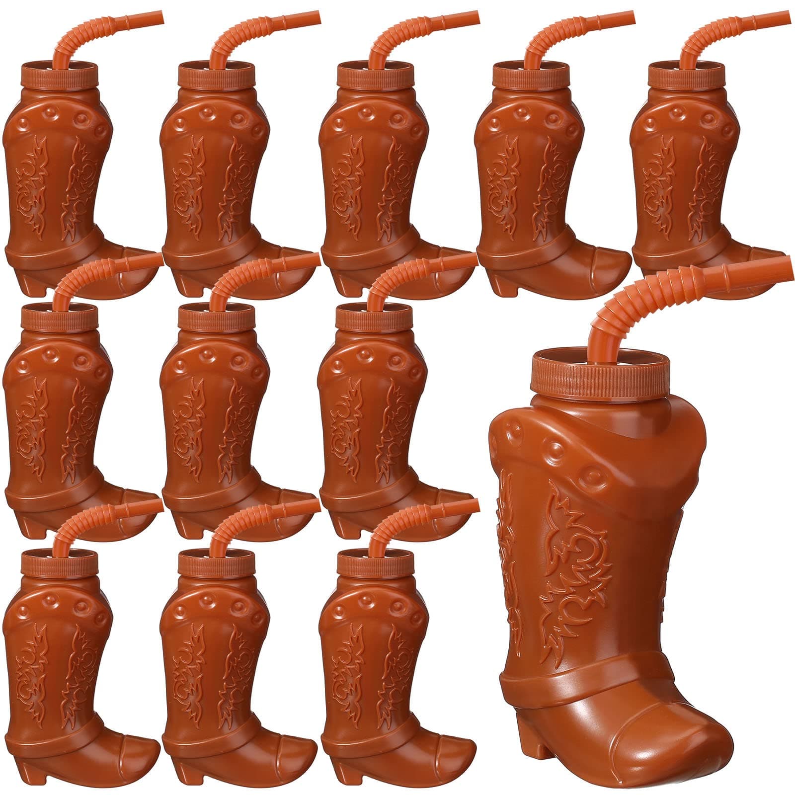 Hoolerry 10 oz Plastic Cowboy Boot Cups with Straws and Lids Plastic Cowboy Cups for Western Themed Party Supplies and Rodeo Party Decorations(Brown,12 Pcs)
