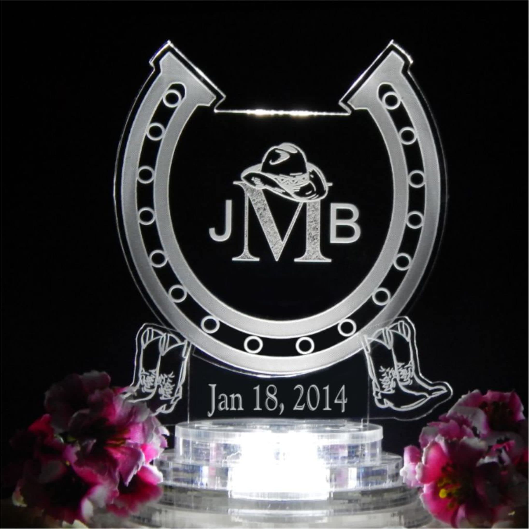 Western Horseshoe Monogram LED Lit Wedding Cake Topper, Personalized Custom + 200 Keychain Favors and base included