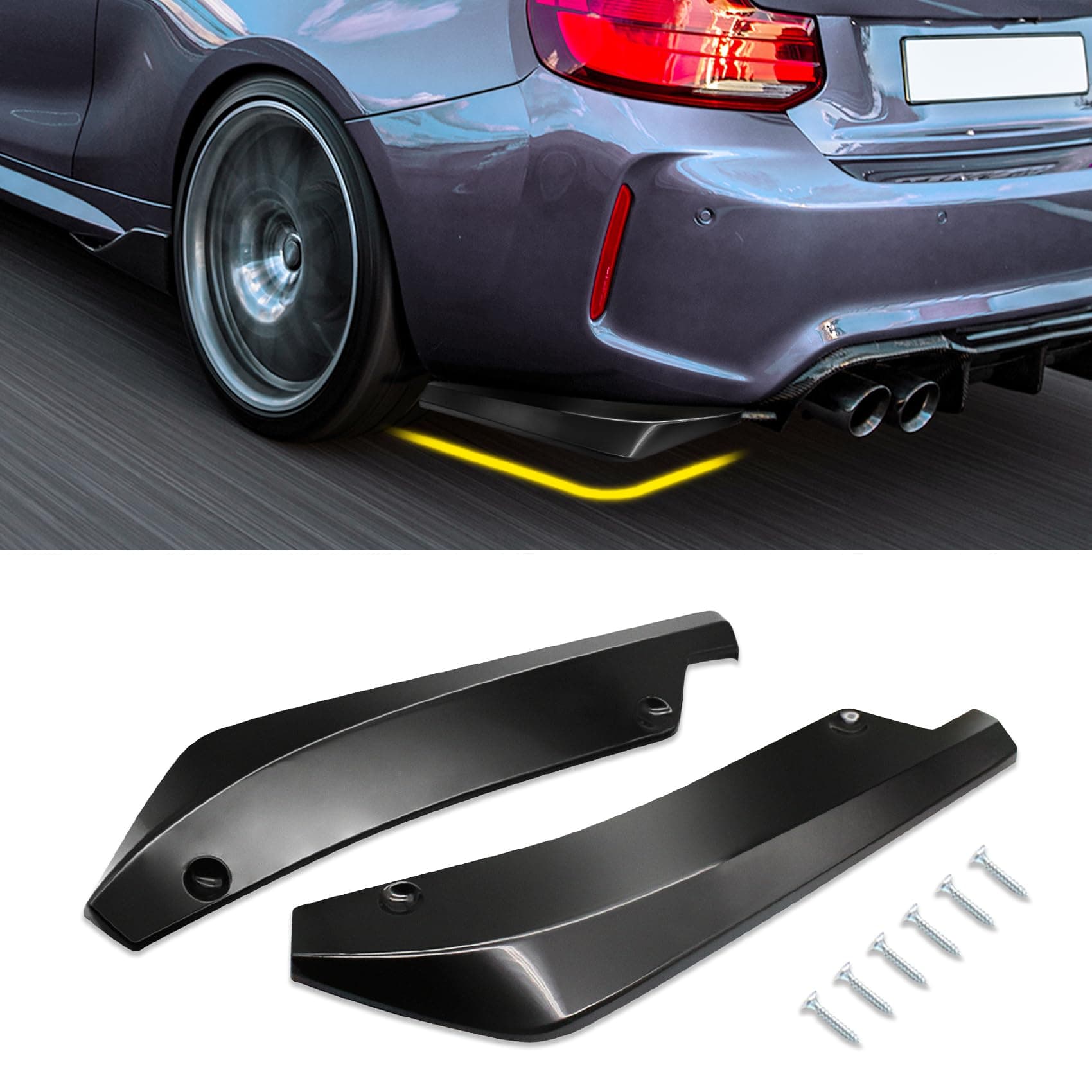 2PCS Car Rear Bumper Guard Diffuser Splitter, Rear Bumper Lip Body Kit with Bolts, Universal Anti Scratch Wrap Angle Protector for Side Fender Skirt Lip (Brilliant Black)