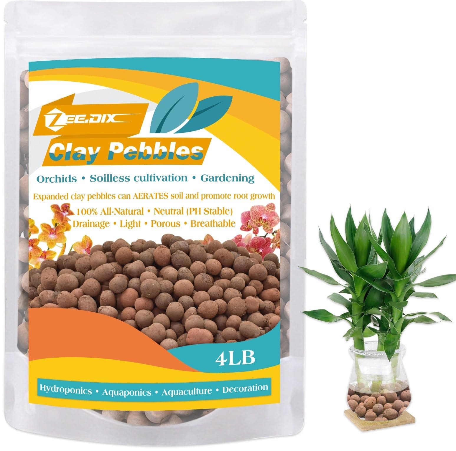 ZeeDix 4LBS Lightweight Expanded Clay Pebbles - pH-Balanced Hydroponic Growing Media for Aquaponics & Indoor Plants (Reusable Soilless Aggregate)